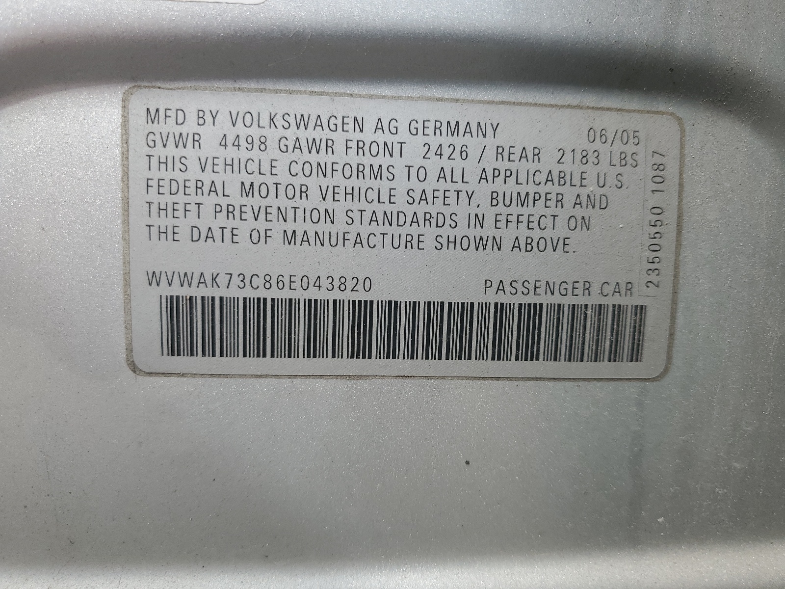 WVWAK73C86E043820 2006 Volkswagen Passat 2.0T