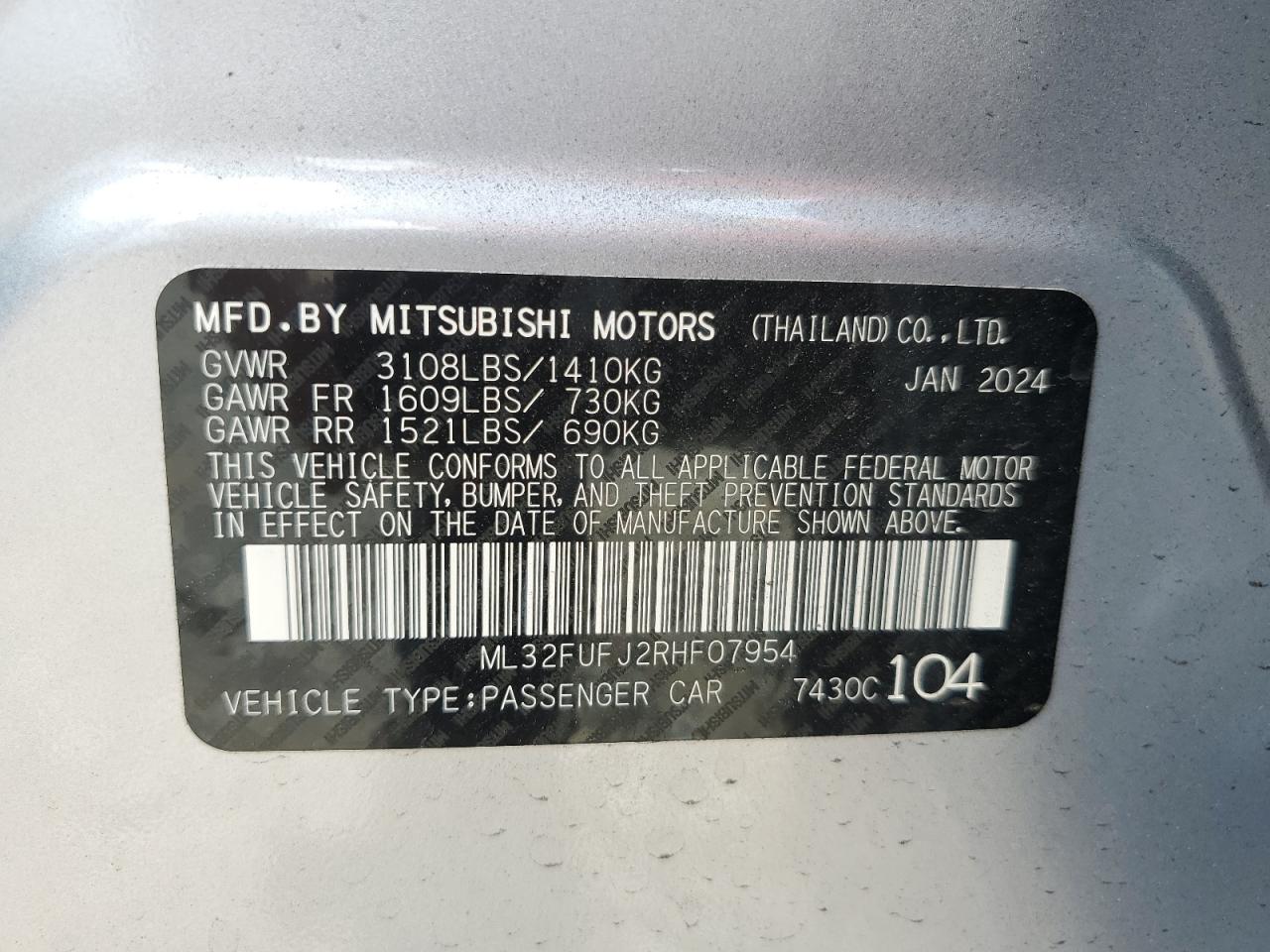 2024 Mitsubishi Mirage G4 Es VIN: ML32FUFJ2RHF07954 Lot: 60822174