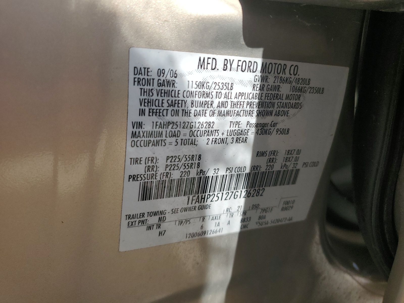 1FAHP25127G126282 2007 Ford Five Hundred Limited