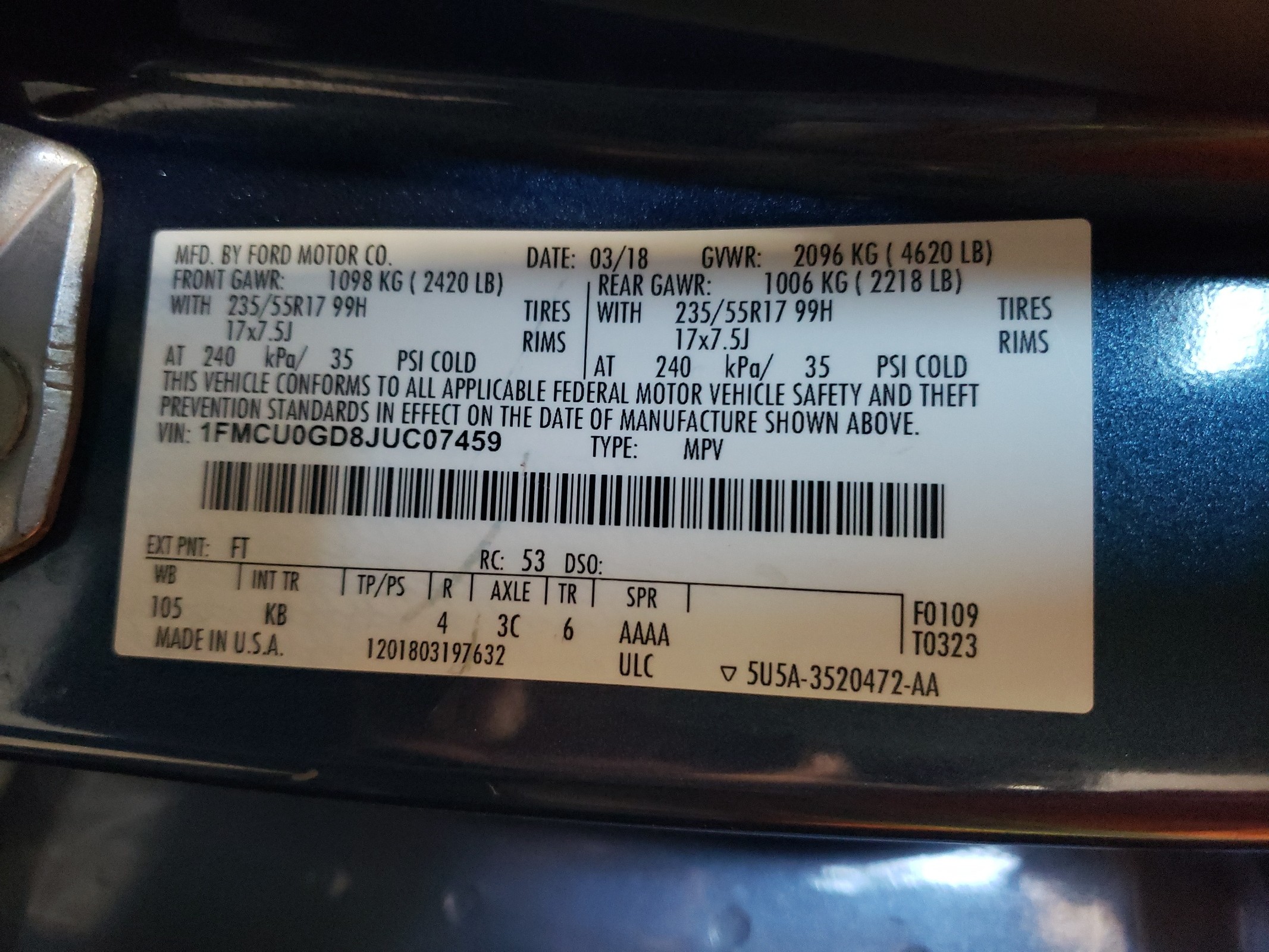 1FMCU0GD8JUC07459 2018 Ford Escape Se