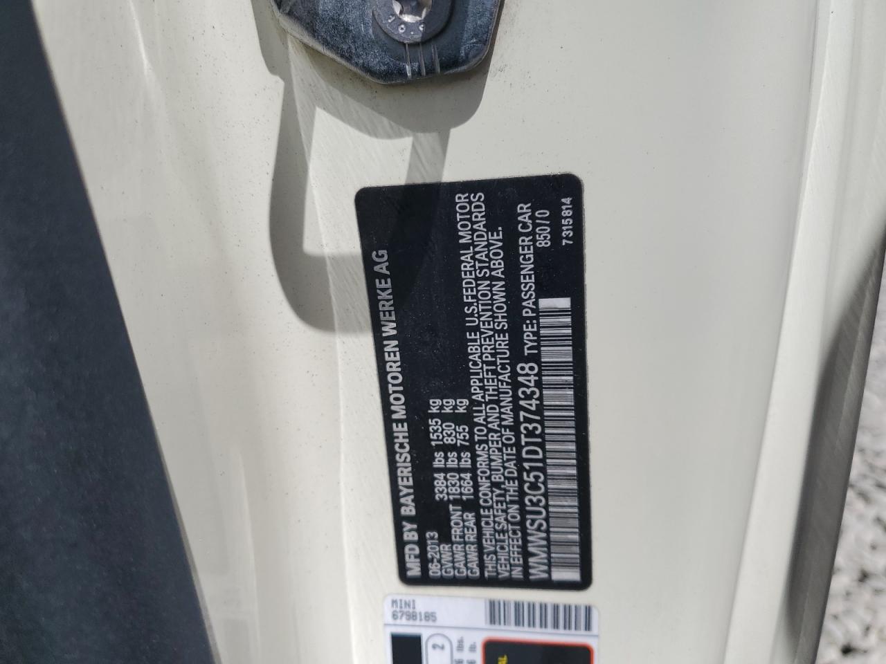 2013 Mini Cooper VIN: WMWSU3C51DT374348 Lot: 59145724