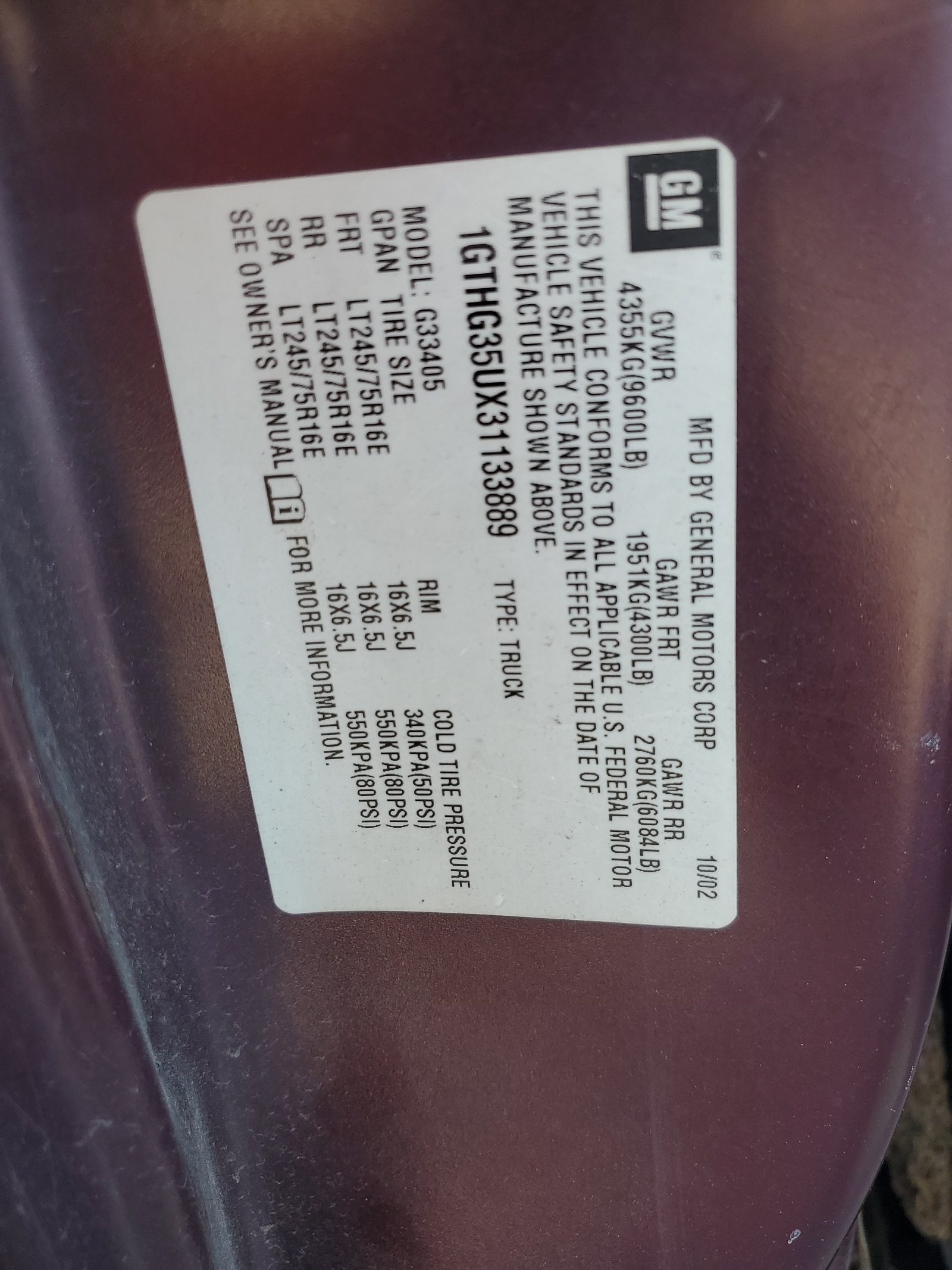 1GTHG35UX31133889 2003 GMC Savana G3500