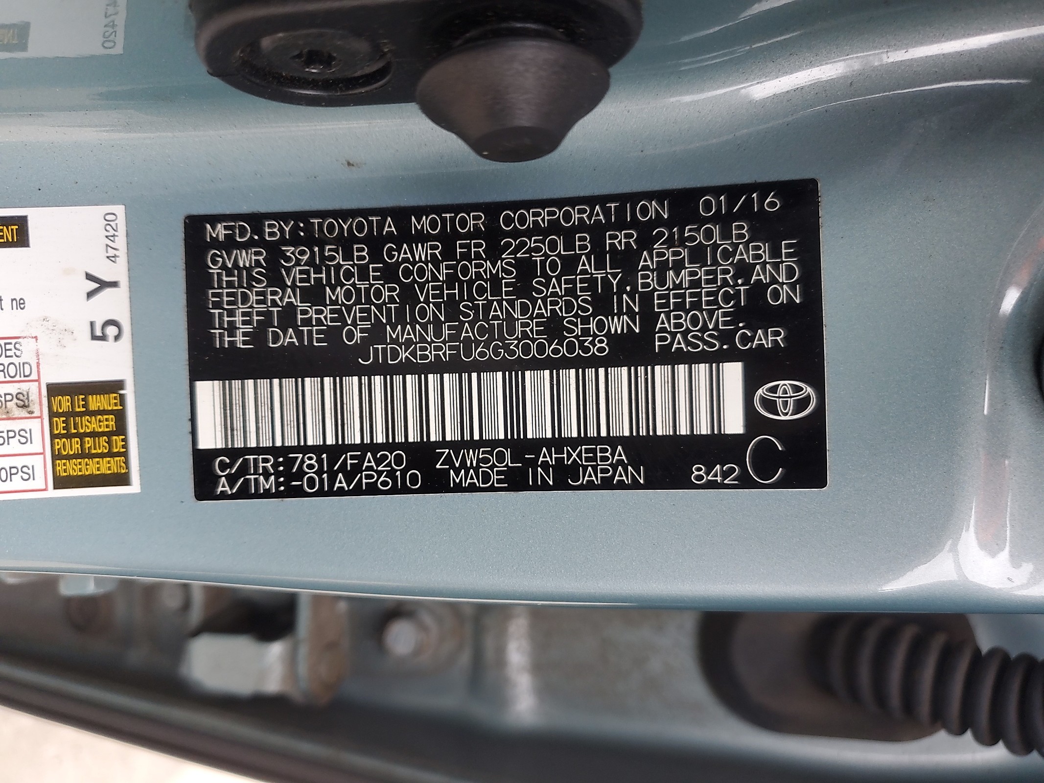 JTDKBRFU6G3006038 2016 Toyota Prius