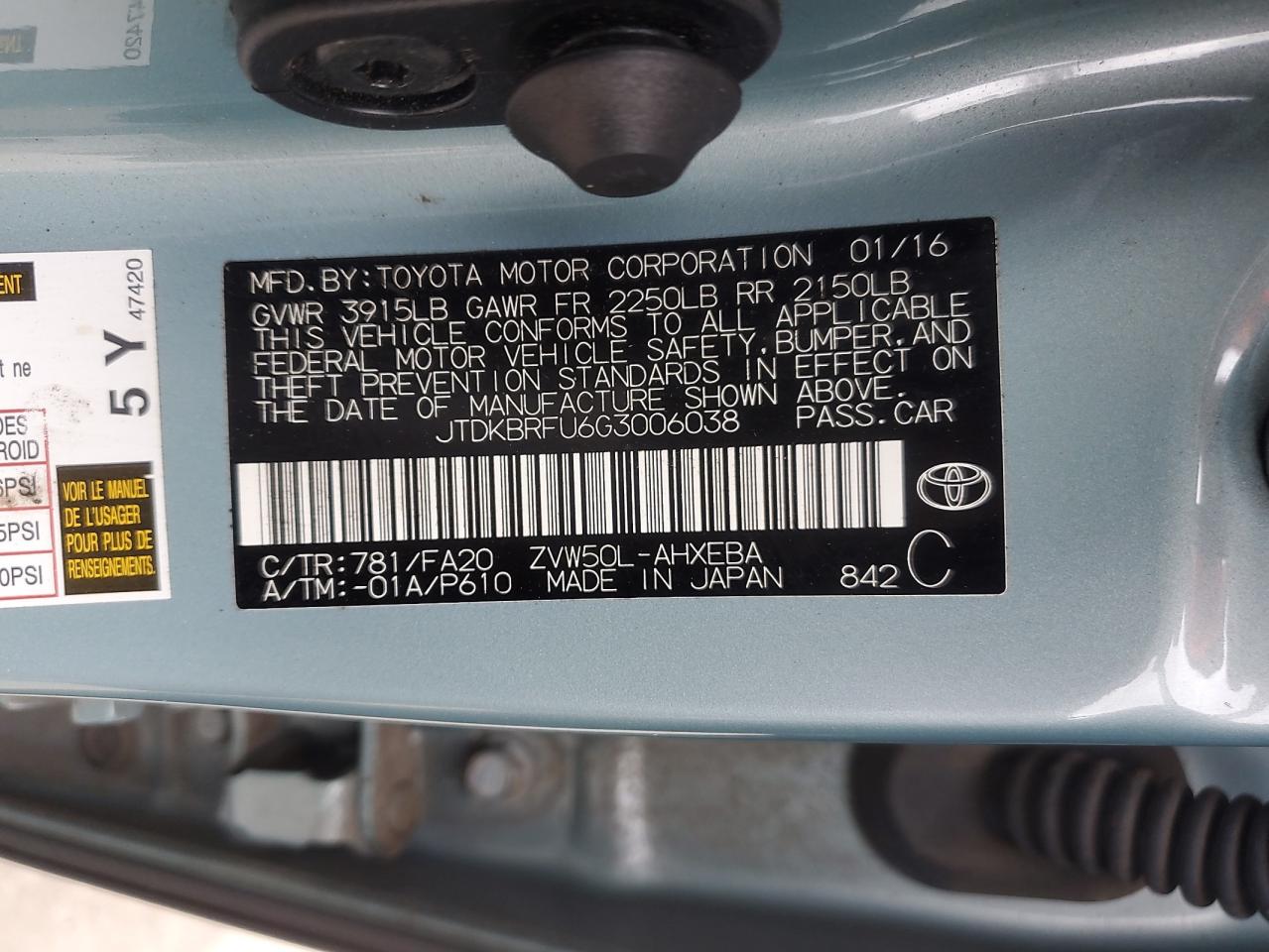 2016 Toyota Prius VIN: JTDKBRFU6G3006038 Lot: 60565624