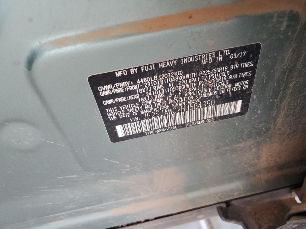 2017 Subaru Forester 2.5I Touring VIN: JF2SJAWC2HH584350 Lot: 57271664