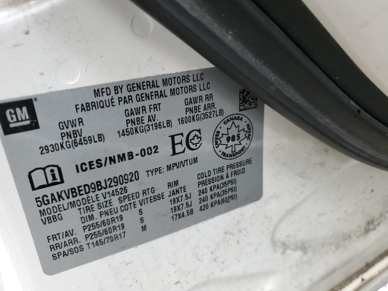 2011 Buick Enclave Cxl VIN: 5GAKVBED9BJ290920 Lot: 60569644