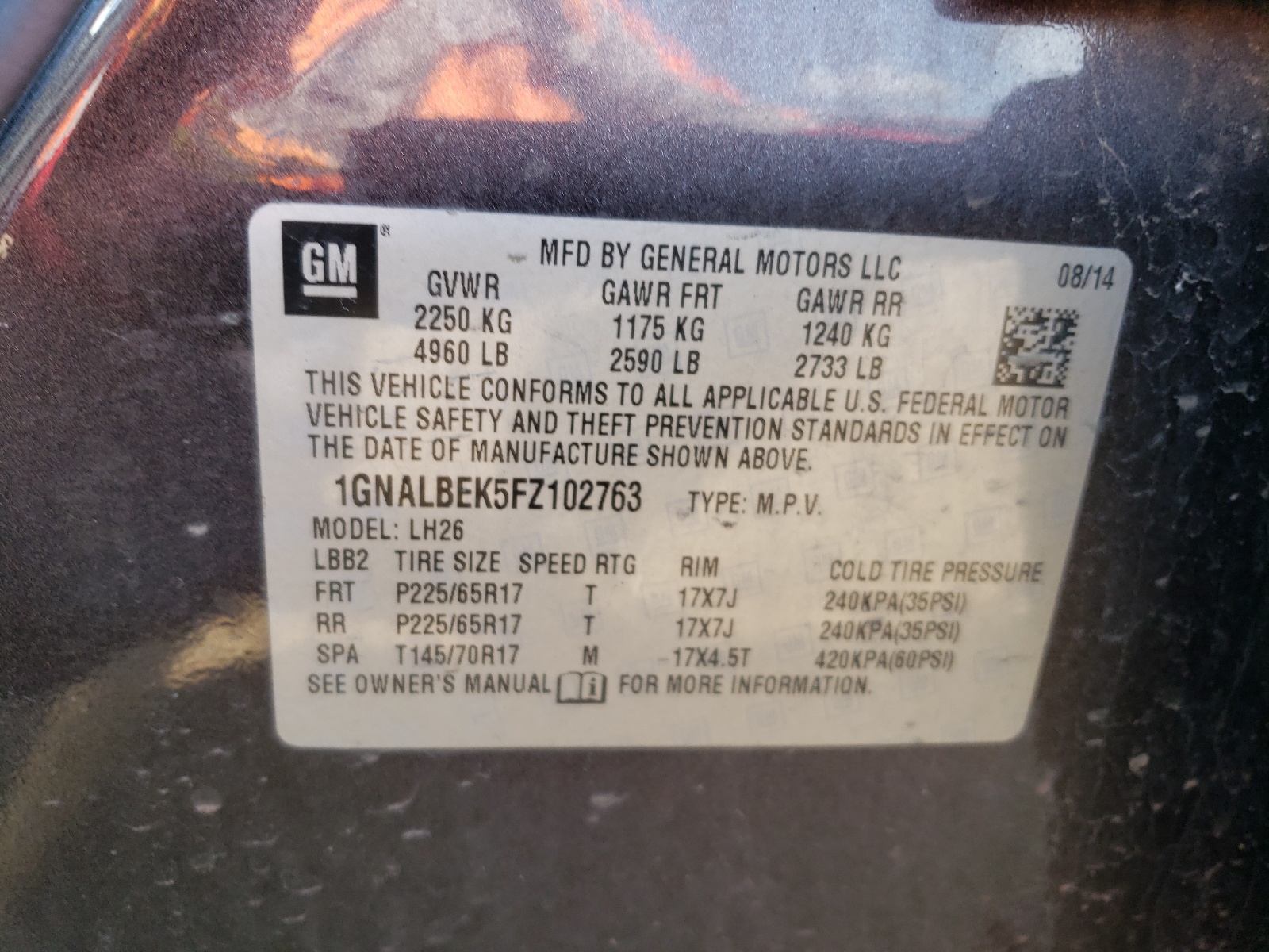 1GNALBEK5FZ102763 2015 Chevrolet Equinox Lt