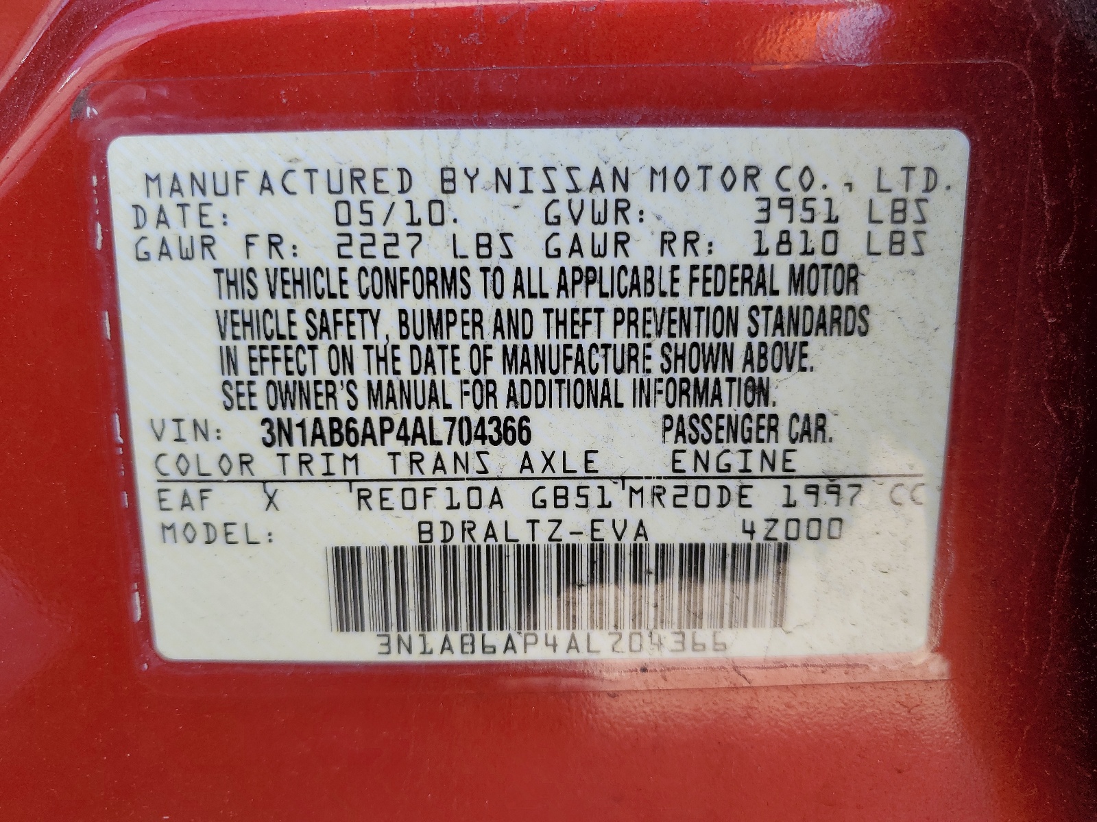 3N1AB6AP4AL704366 2010 Nissan Sentra 2.0