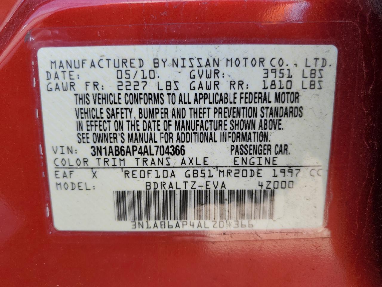 2010 Nissan Sentra 2.0 VIN: 3N1AB6AP4AL704366 Lot: 59724254