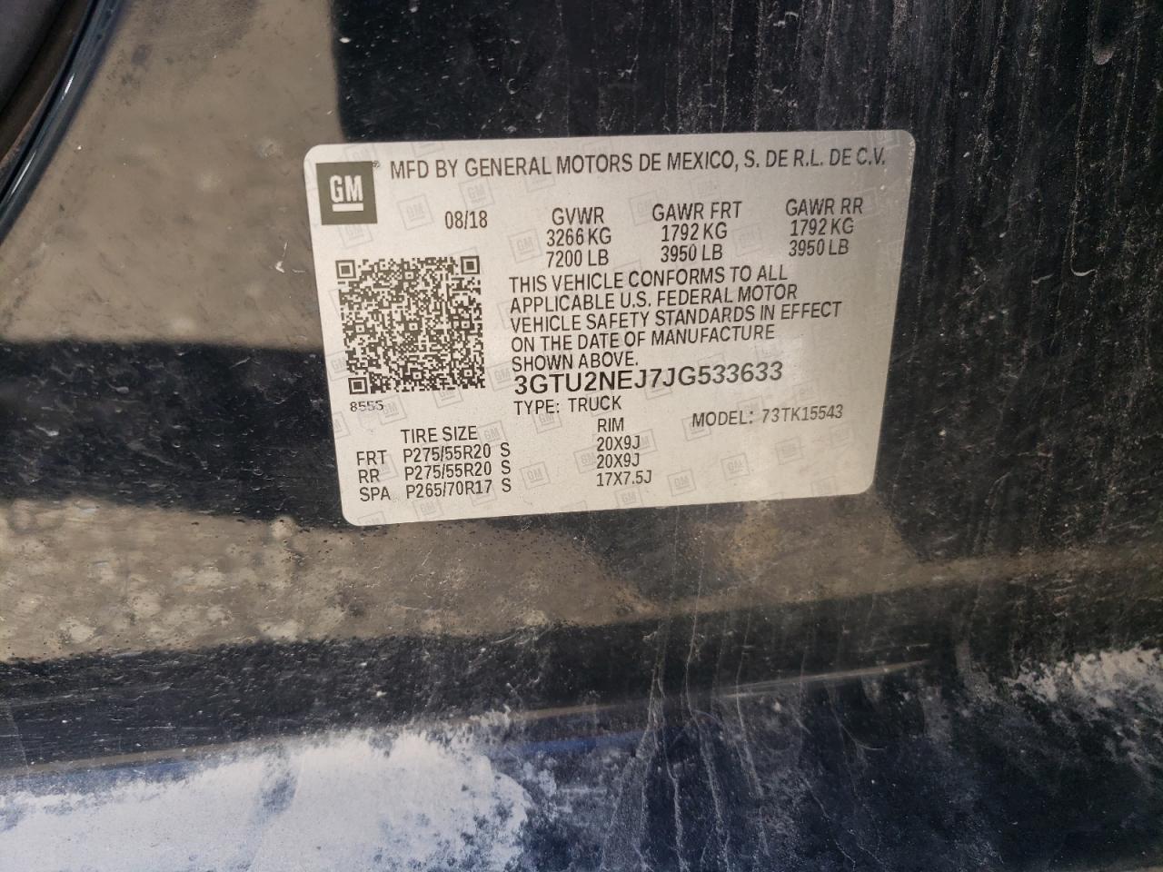 2018 GMC Sierra K1500 Slt VIN: 3GTU2NEJ7JG533633 Lot: 57621814