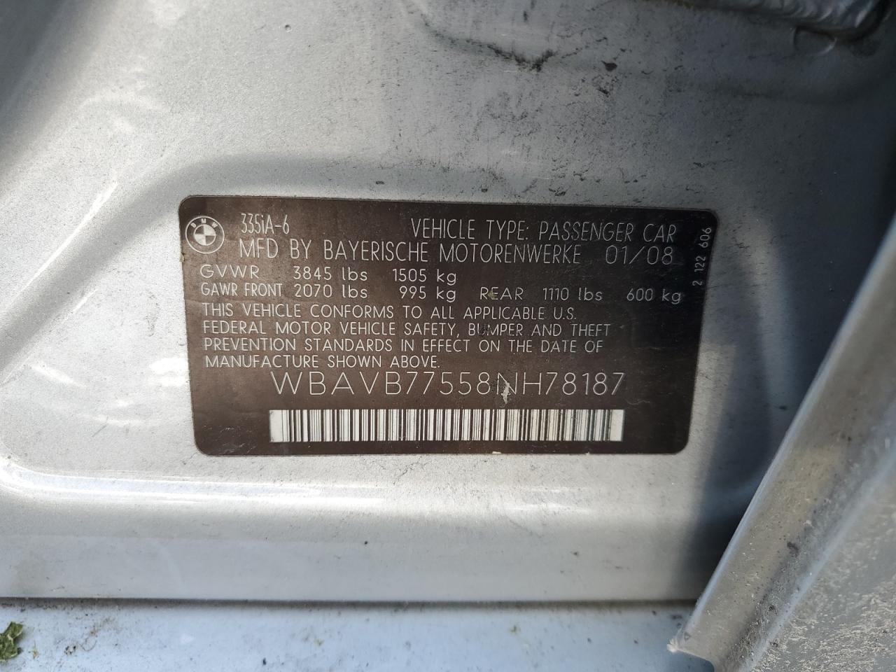 2008 BMW 335 I VIN: WBAVB77558NH78187 Lot: 59317694