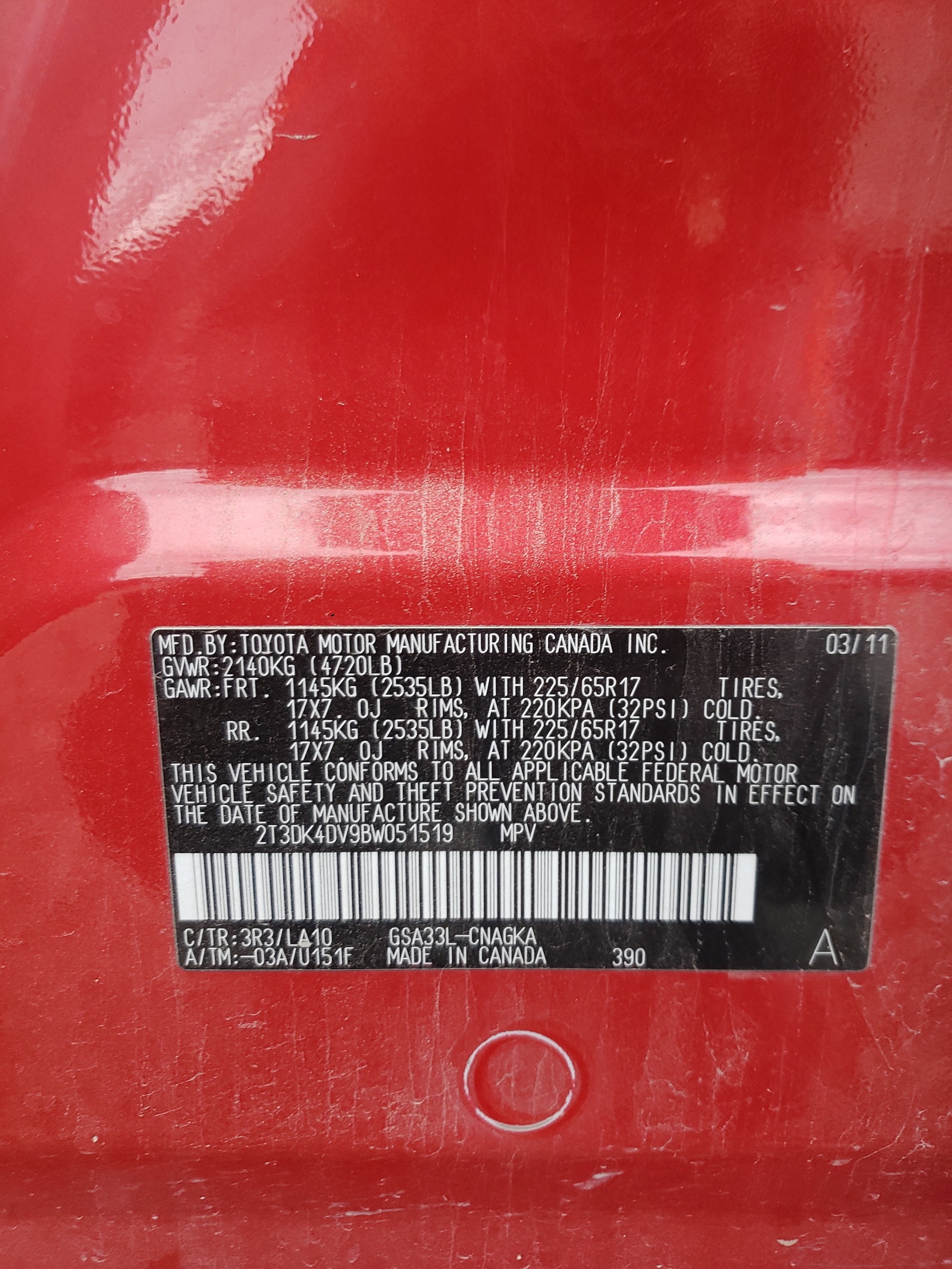 2T3DK4DV9BW051519 2011 Toyota Rav4 Limited