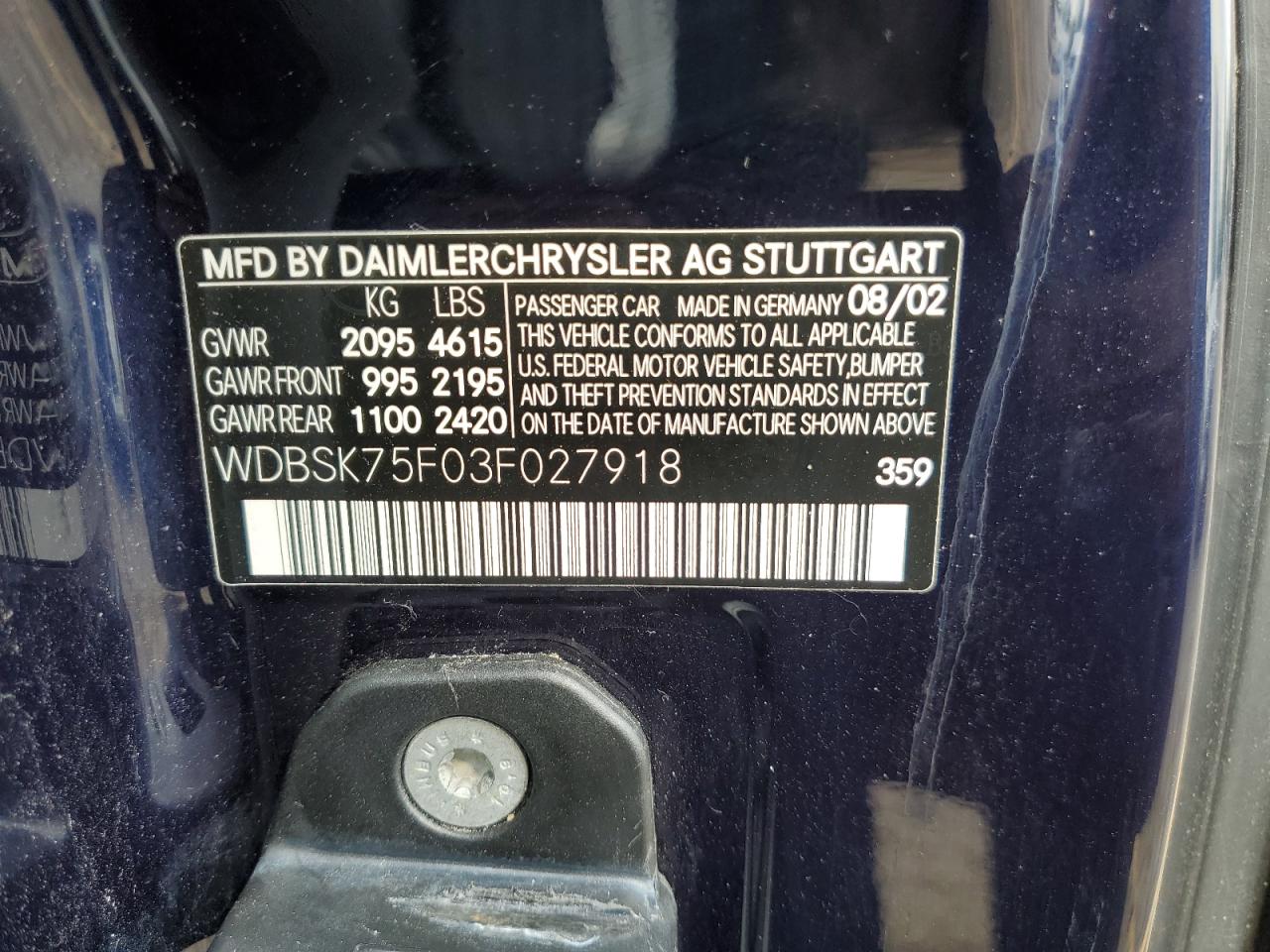 2003 Mercedes-Benz Sl 500R VIN: WDBSK75F03F027918 Lot: 59293124