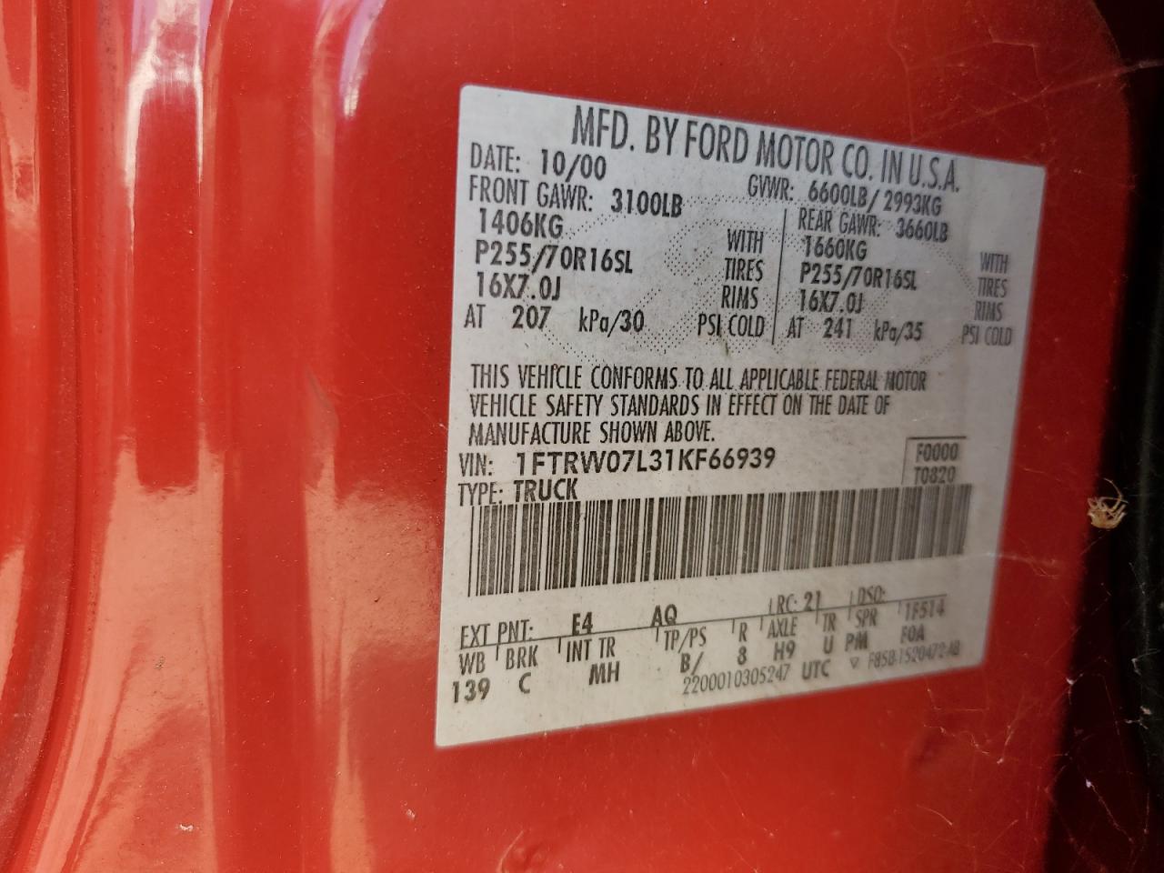 2001 Ford F150 Supercrew VIN: 1FTRW07L31KF66939 Lot: 59937664