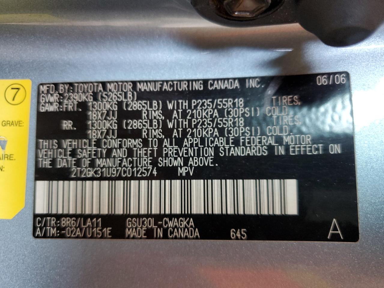 2007 Lexus Rx 350 VIN: 2T2GK31U97C012574 Lot: 56041044