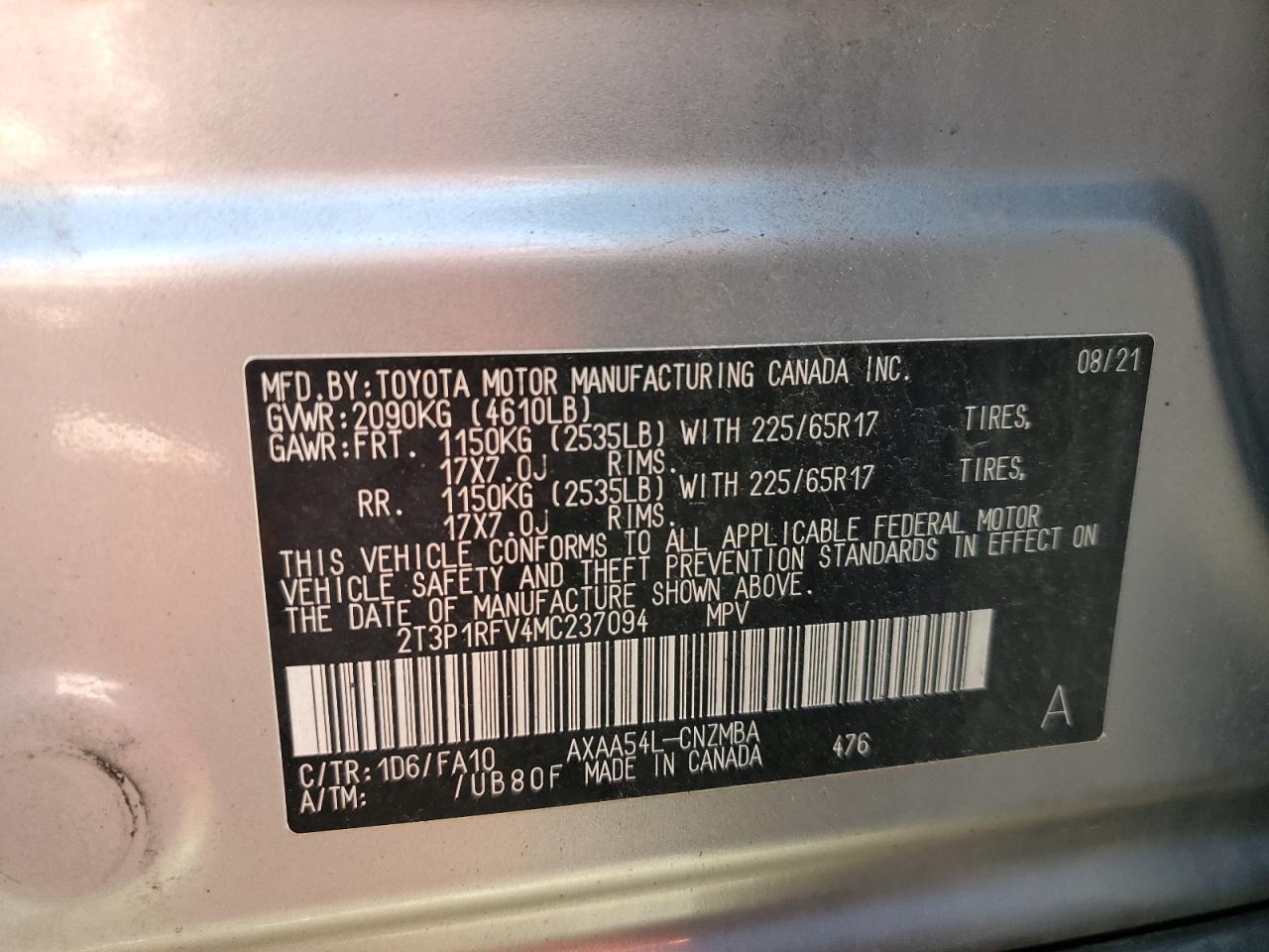 2021 Toyota Rav4 Xle VIN: 2T3P1RFV4MC237094 Lot: 58574554