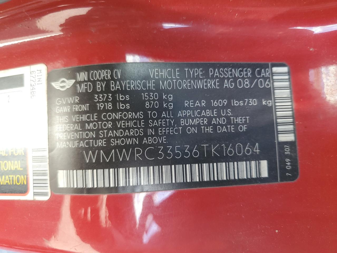 2006 Mini Cooper VIN: WMWRC33536TK16064 Lot: 60976464