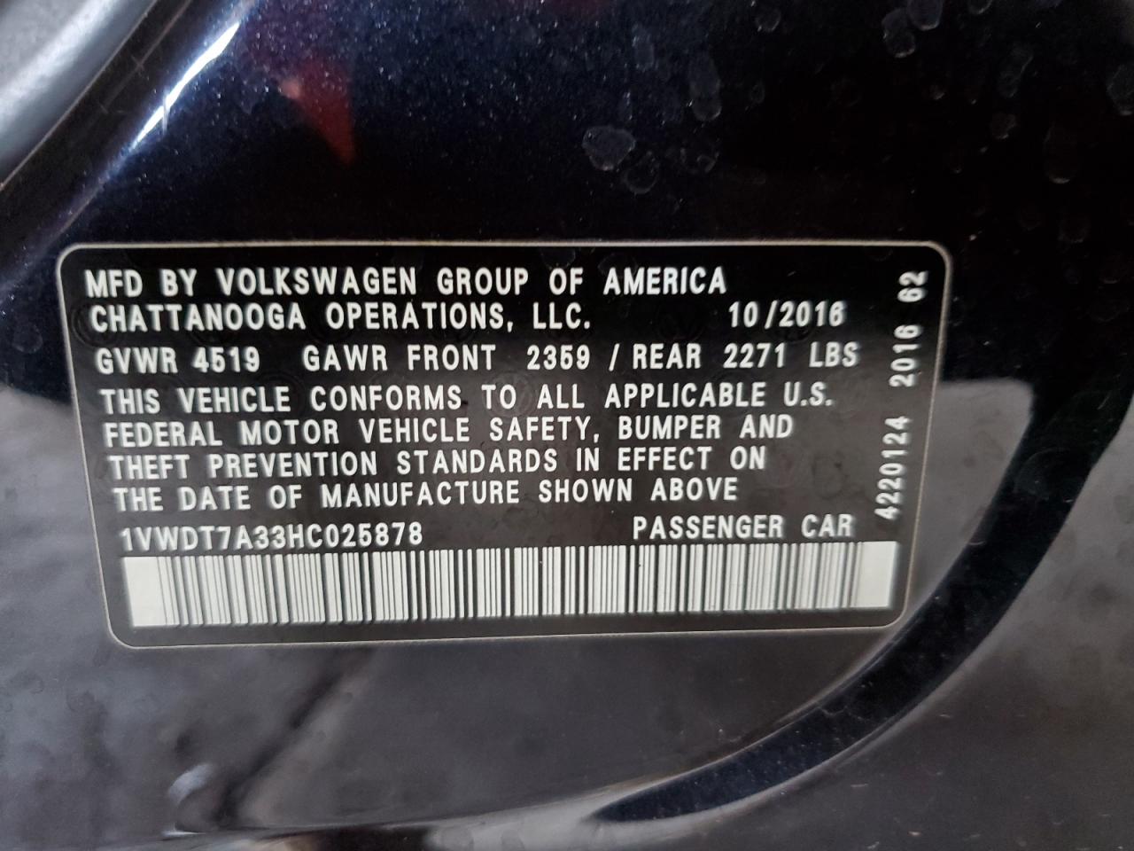 2017 Volkswagen Passat R-Line VIN: 1VWDT7A33HC025878 Lot: 59180184