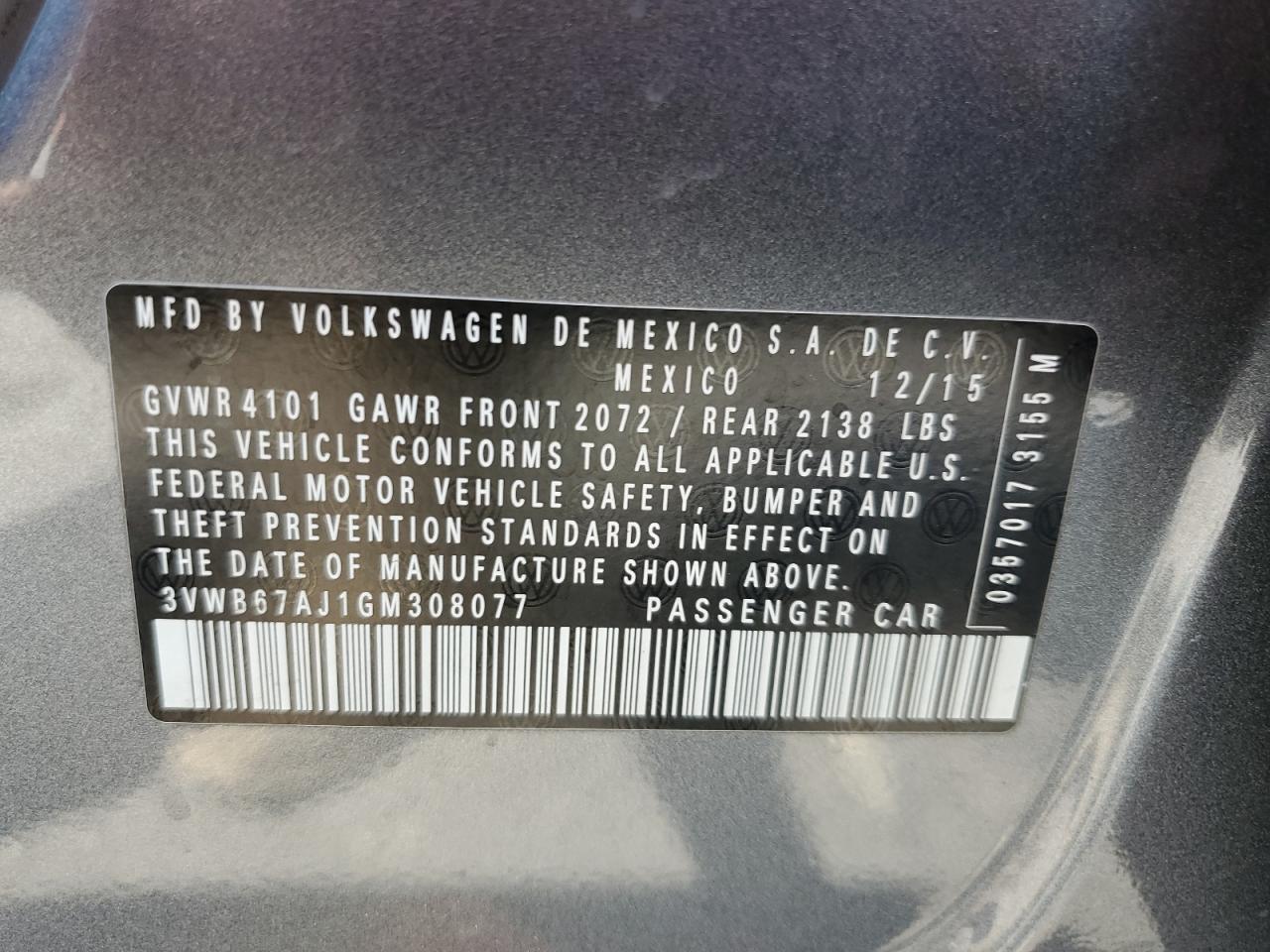 2016 Volkswagen Jetta Se VIN: 3VWB67AJ1GM308077 Lot: 59181244