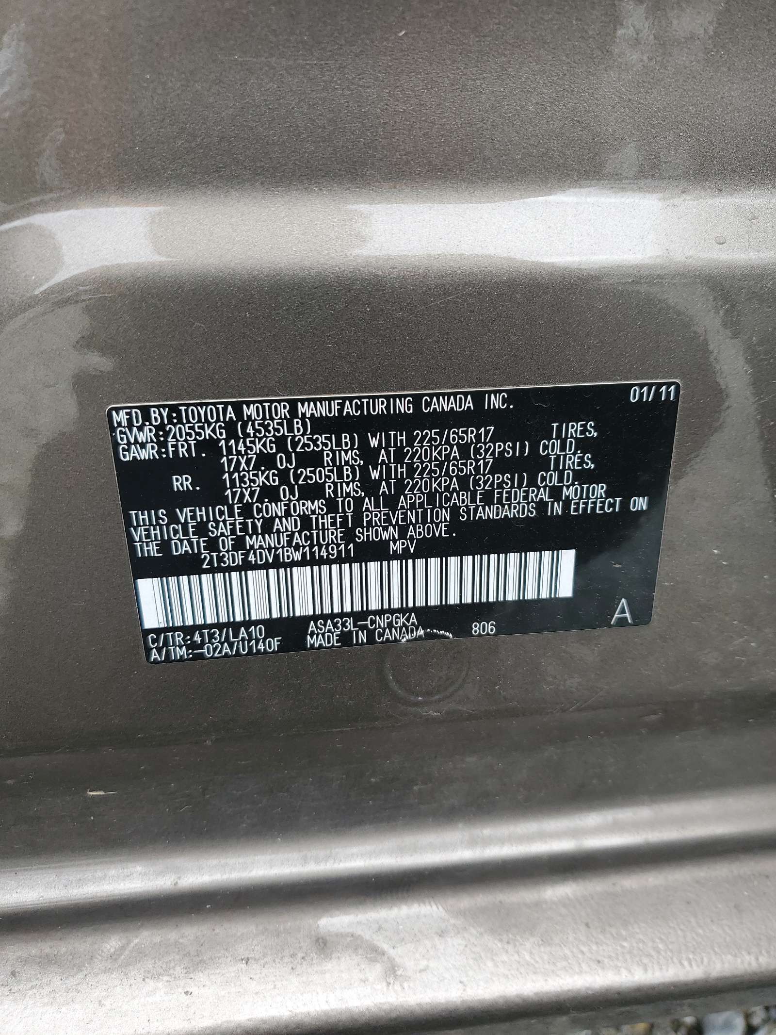 2T3DF4DV1BW114911 2011 Toyota Rav4 Limited