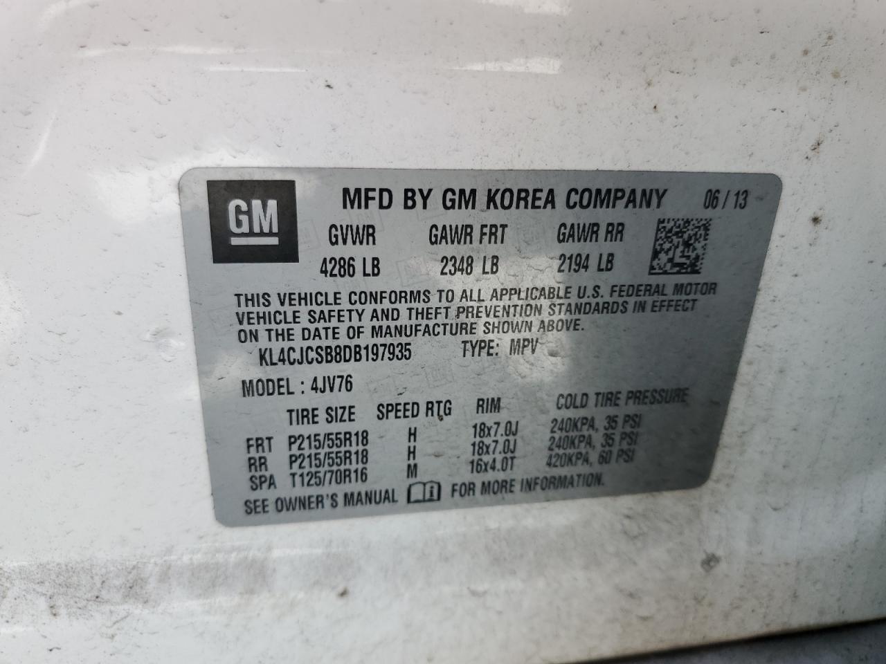 2013 Buick Encore VIN: KL4CJCSB8DB197935 Lot: 58716394