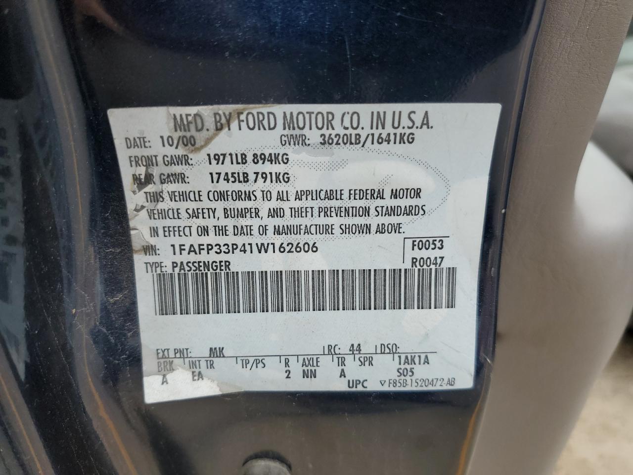 2001 Ford Focus Lx VIN: 1FAFP33P41W162606 Lot: 60888234