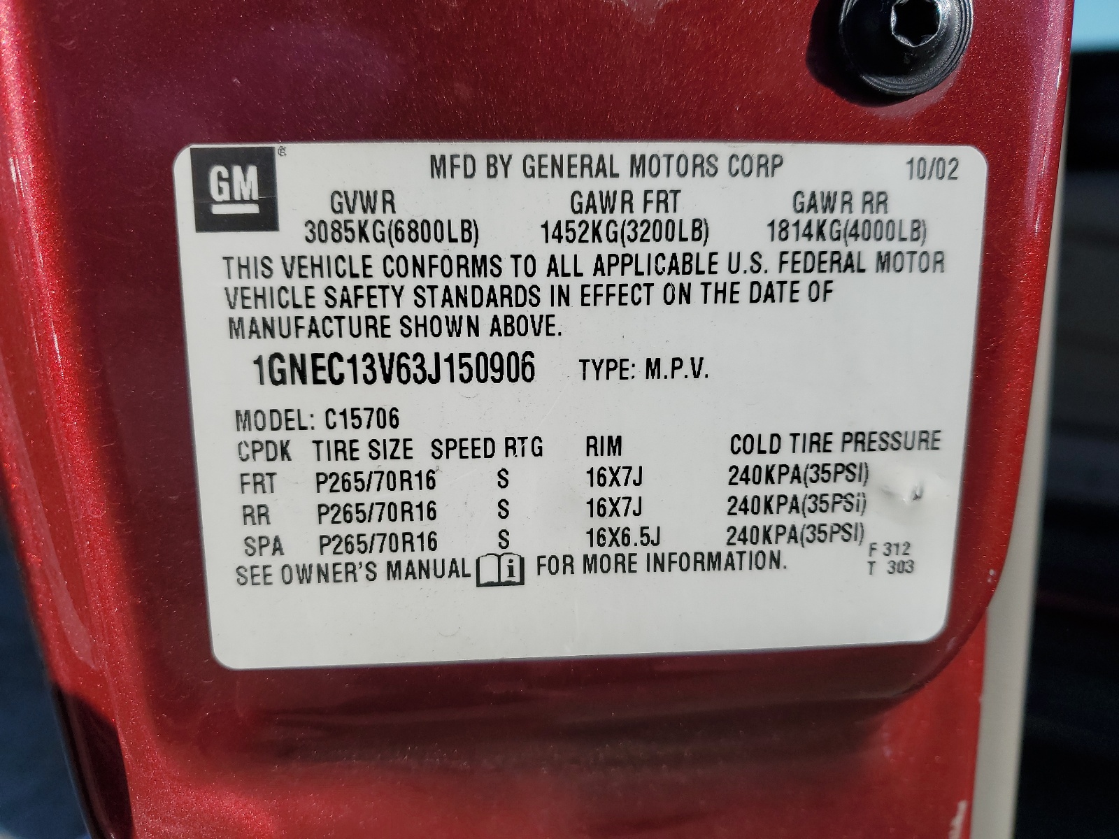 1GNEC13V63J150906 2003 Chevrolet Tahoe C1500