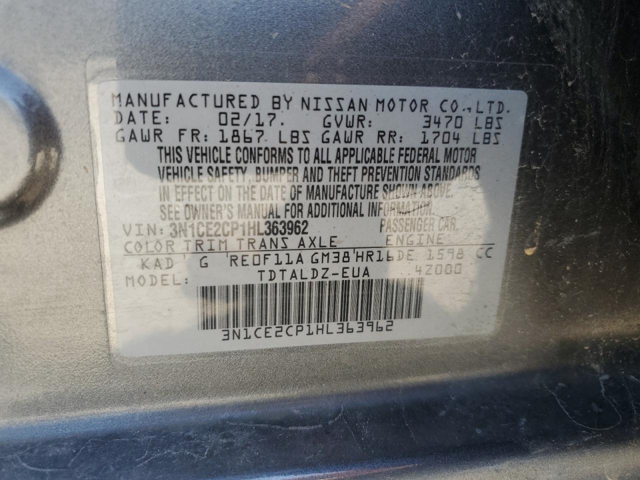 3N1CE2CP1HL363962 2017 Nissan Versa Note S