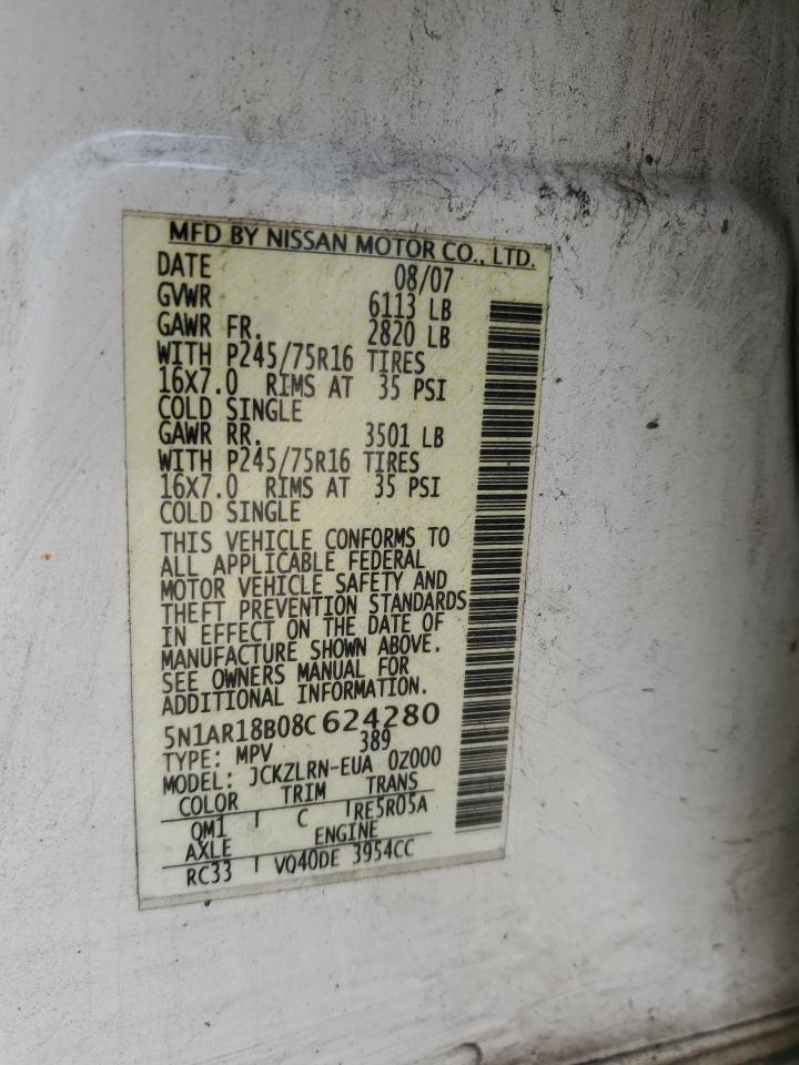 2008 Nissan Pathfinder S VIN: 5N1AR18B08C624280 Lot: 54985954