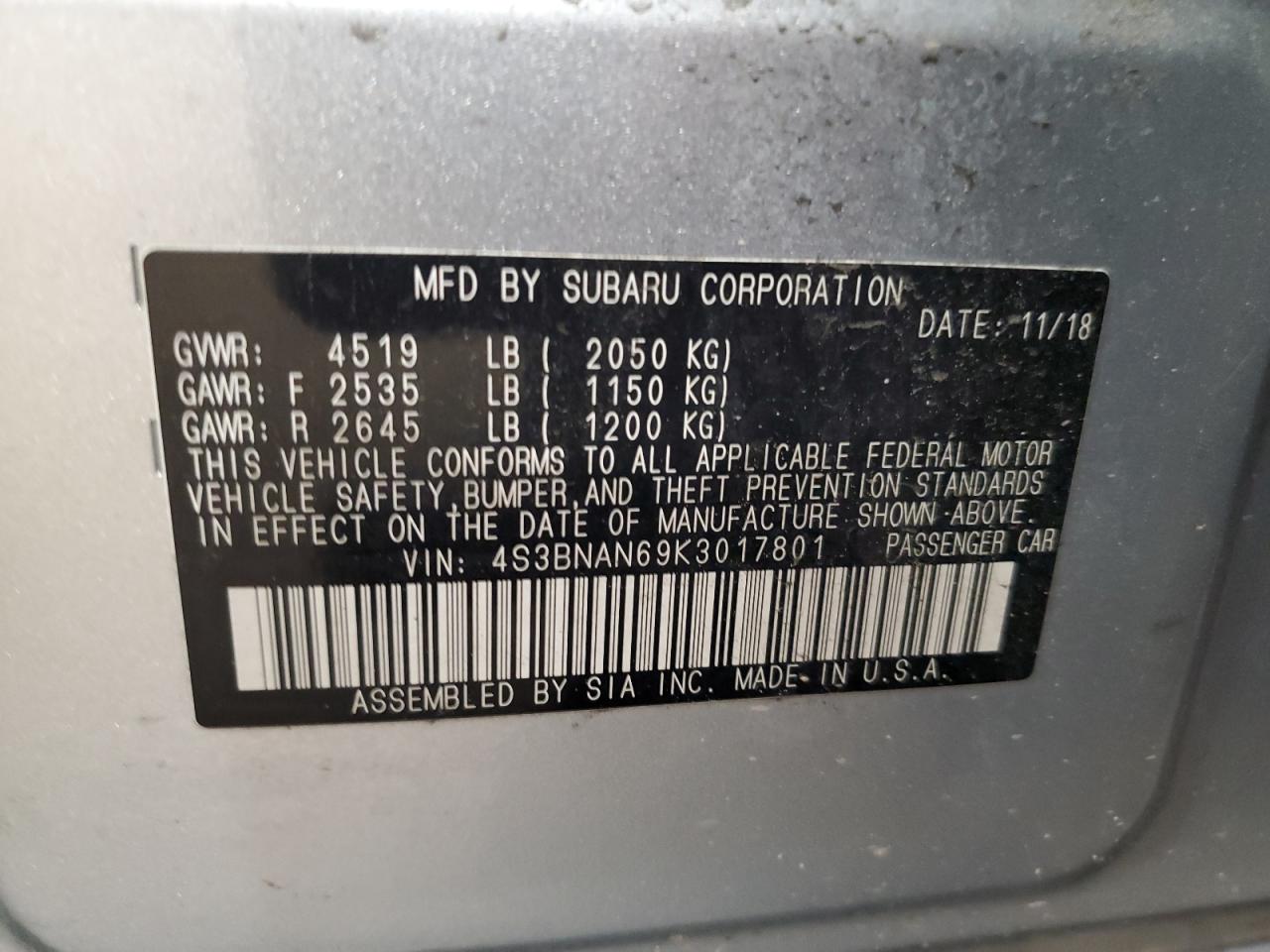 2019 Subaru Legacy 2.5I Limited VIN: 4S3BNAN69K3017801 Lot: 59071404