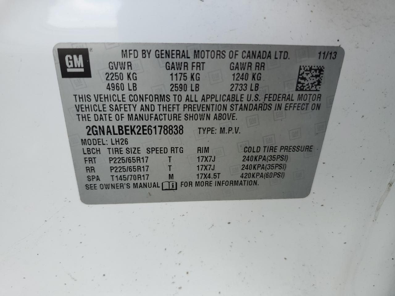 2014 Chevrolet Equinox Lt VIN: 2GNALBEK2E6178838 Lot: 58084114