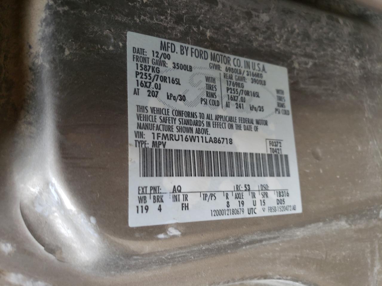 2001 Ford Expedition Xlt VIN: 1FMRU16W11LA86718 Lot: 56505294