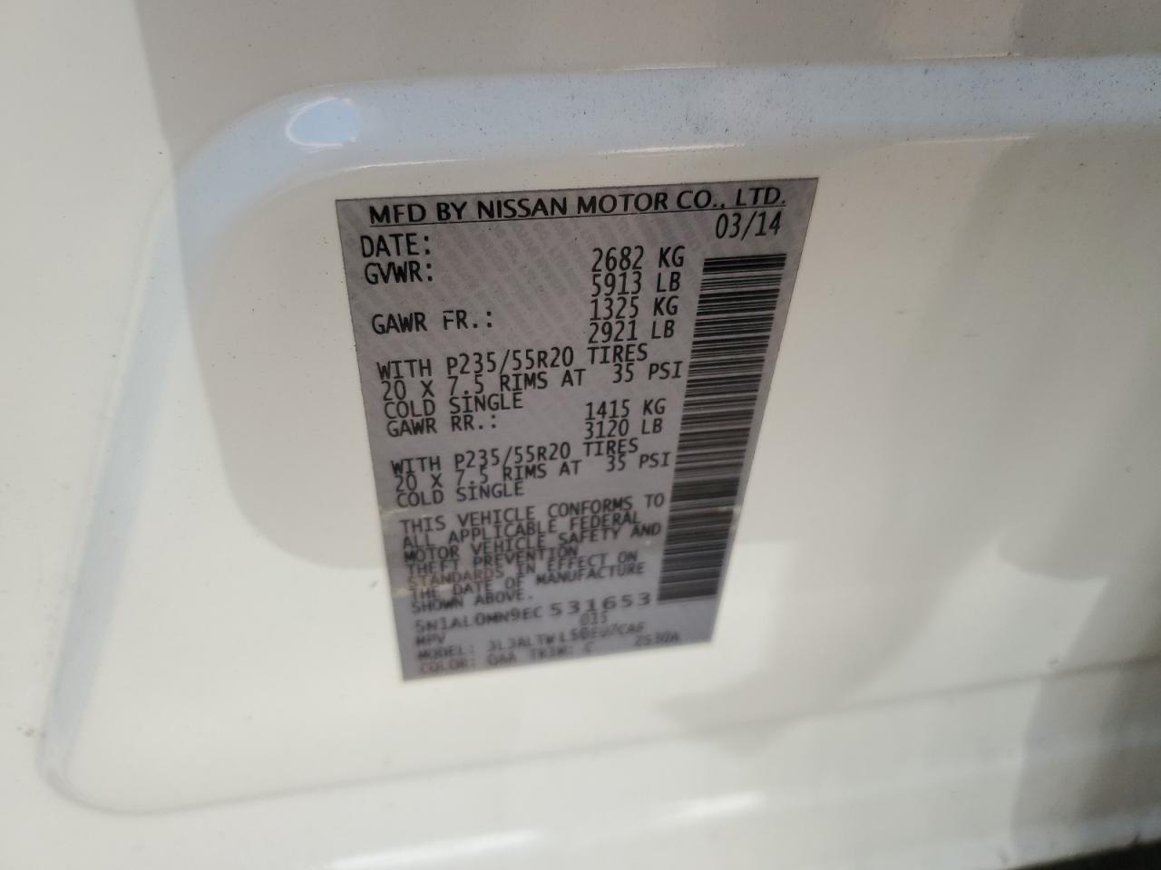 2014 Infiniti Qx60 VIN: 5N1AL0MN9EC531653 Lot: 57175434