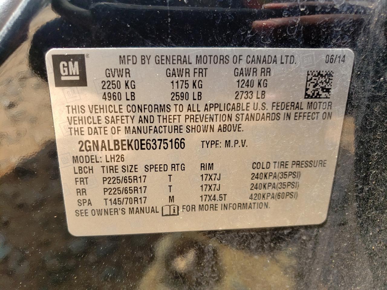 2014 Chevrolet Equinox Lt VIN: 2GNALBEK0E6375166 Lot: 59161824