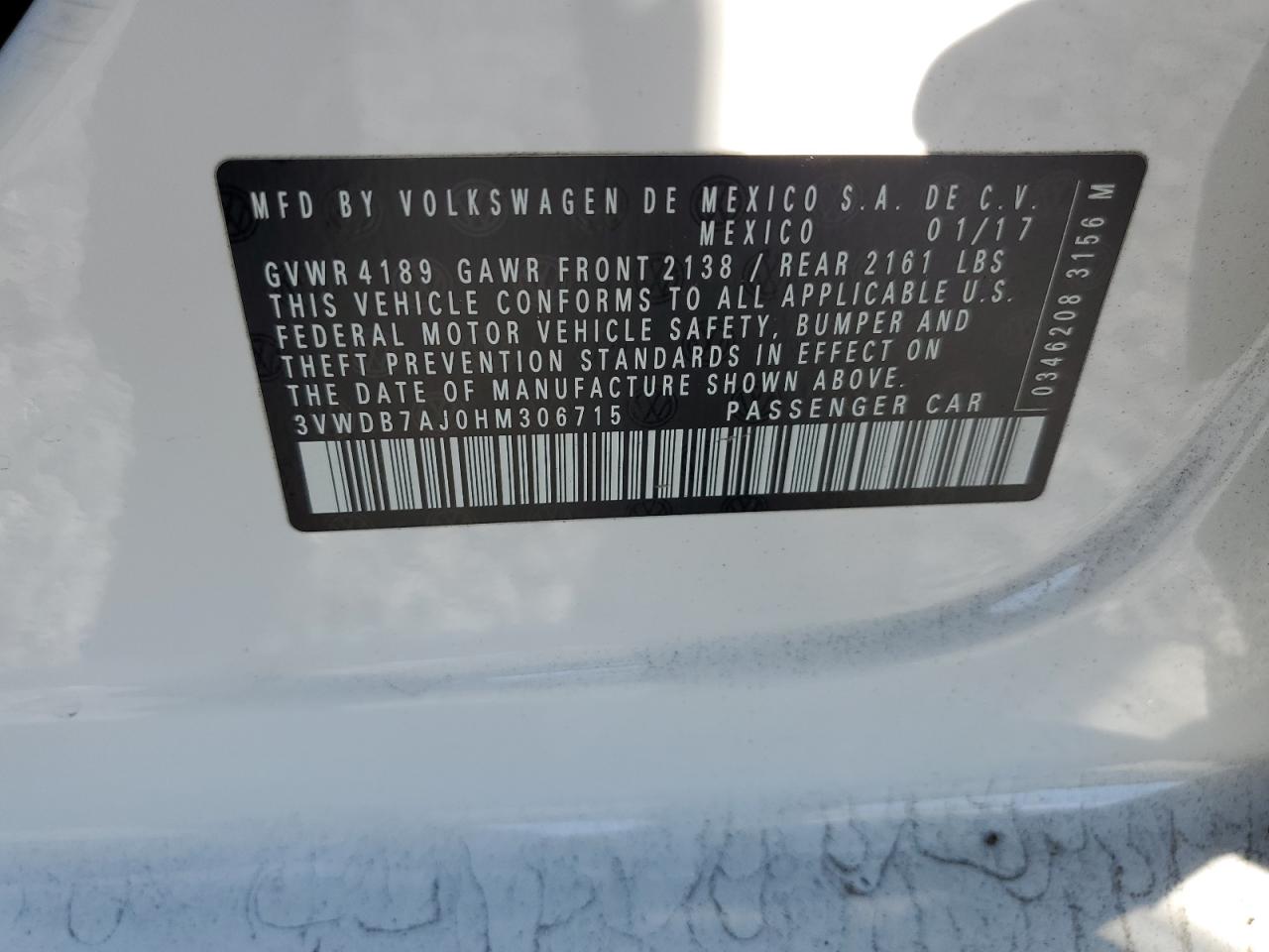 2017 Volkswagen Jetta Se VIN: 3VWDB7AJ0HM306715 Lot: 60288794
