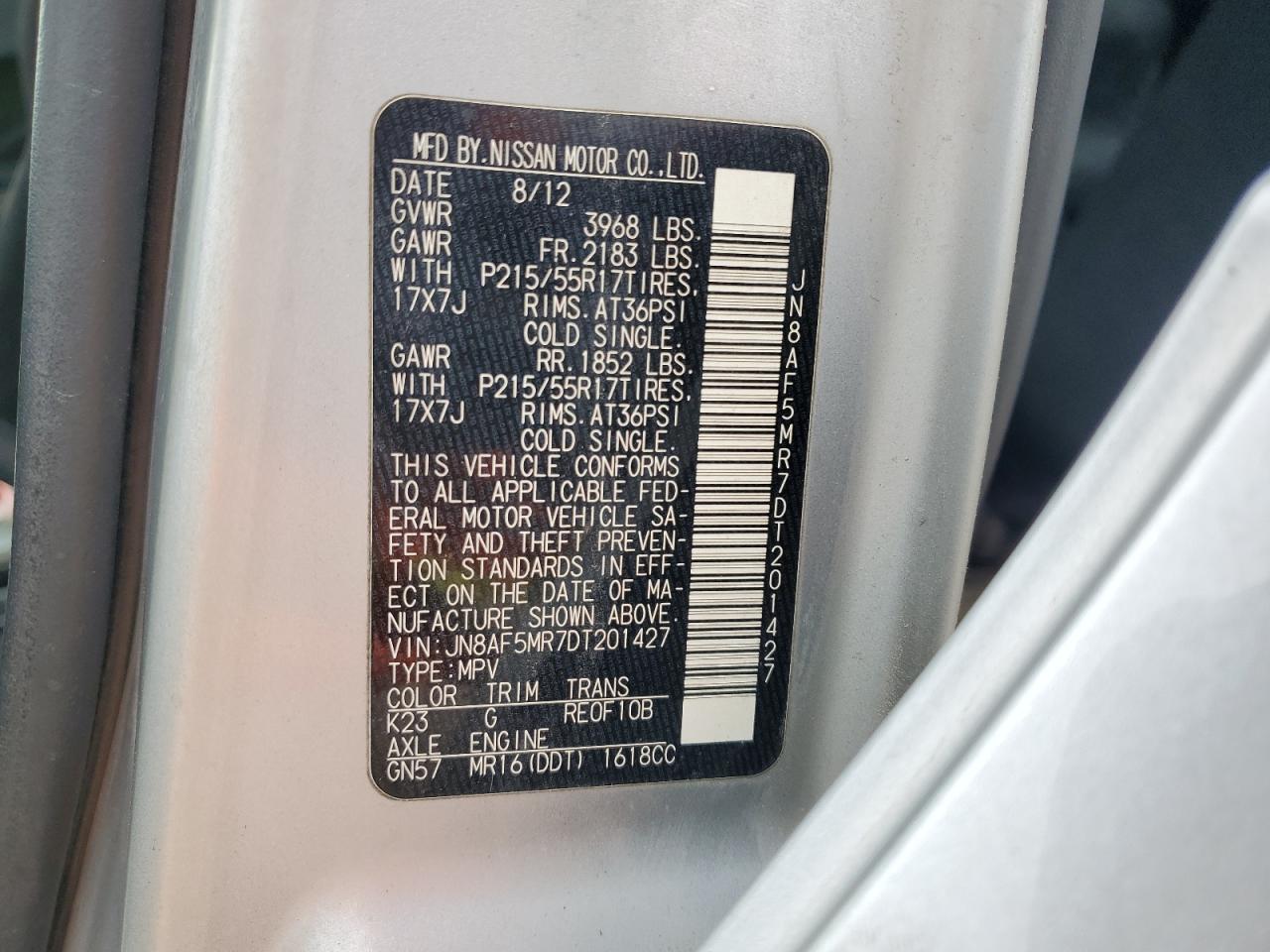 2013 Nissan Juke S VIN: JN8AF5MR7DT201427 Lot: 58739874