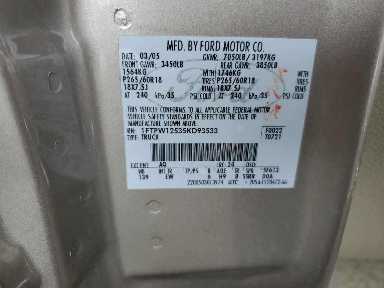 2005 Ford F150 Supercrew VIN: 1FTPW12535KD93533 Lot: 57639314