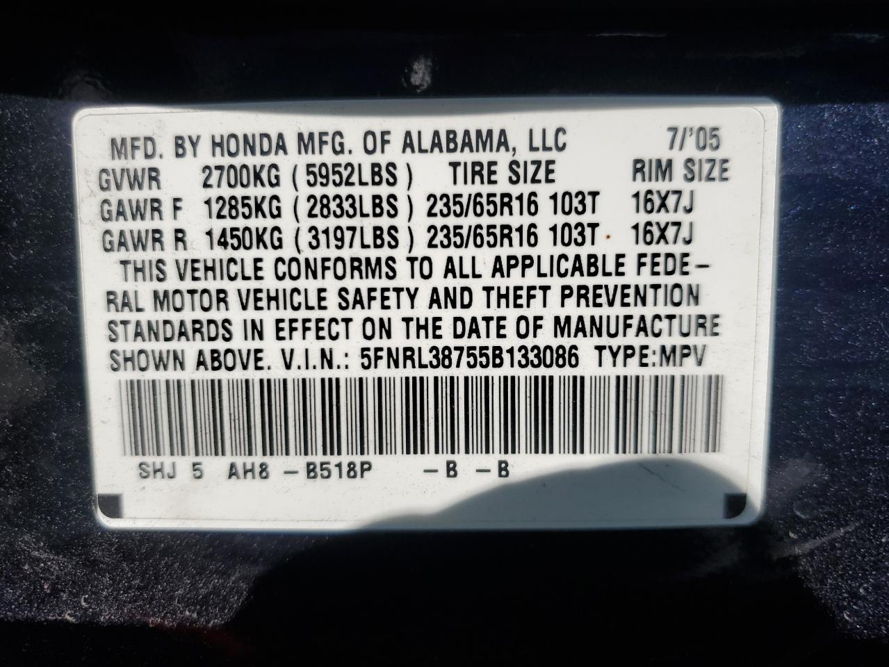 5FNRL38755B133086 2005 Honda Odyssey Exl