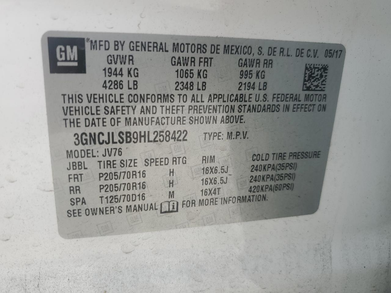 2017 Chevrolet Trax 1Lt VIN: 3GNCJLSB9HL258422 Lot: 73596784