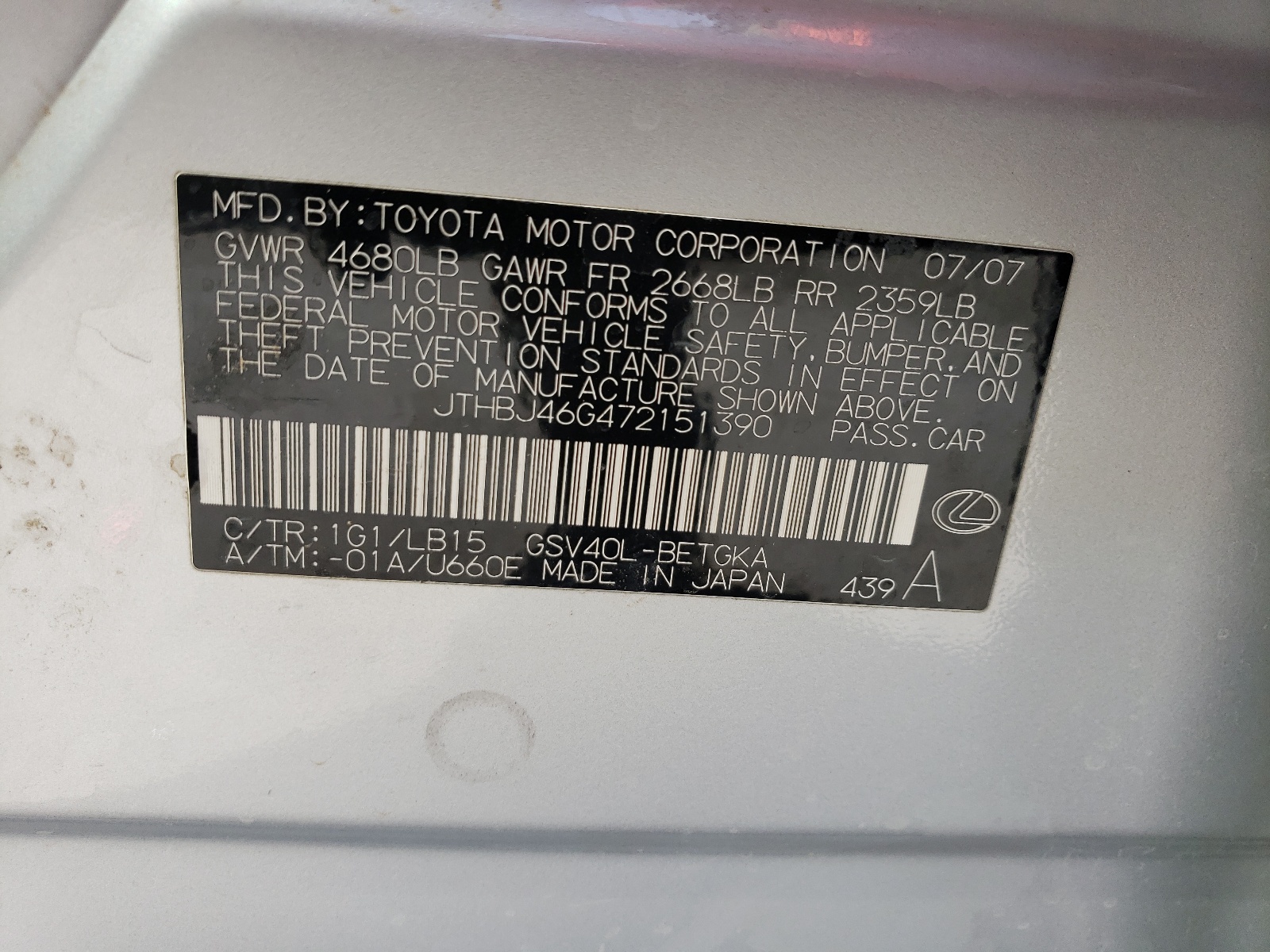 JTHBJ46G472151390 2007 Lexus Es 350