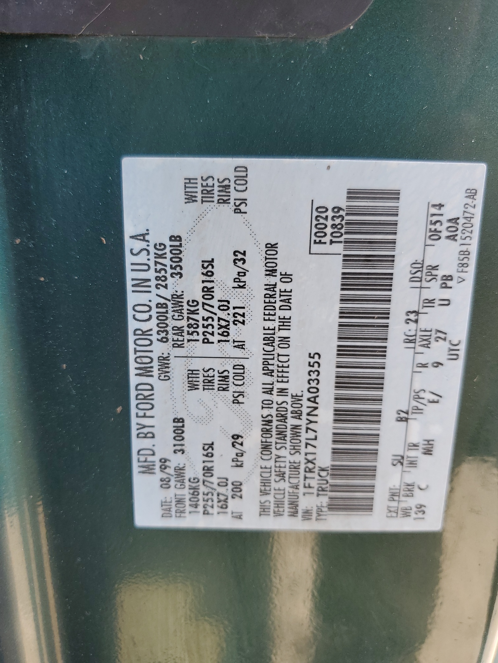 1FTRX17L7YNA03355 2000 Ford F150