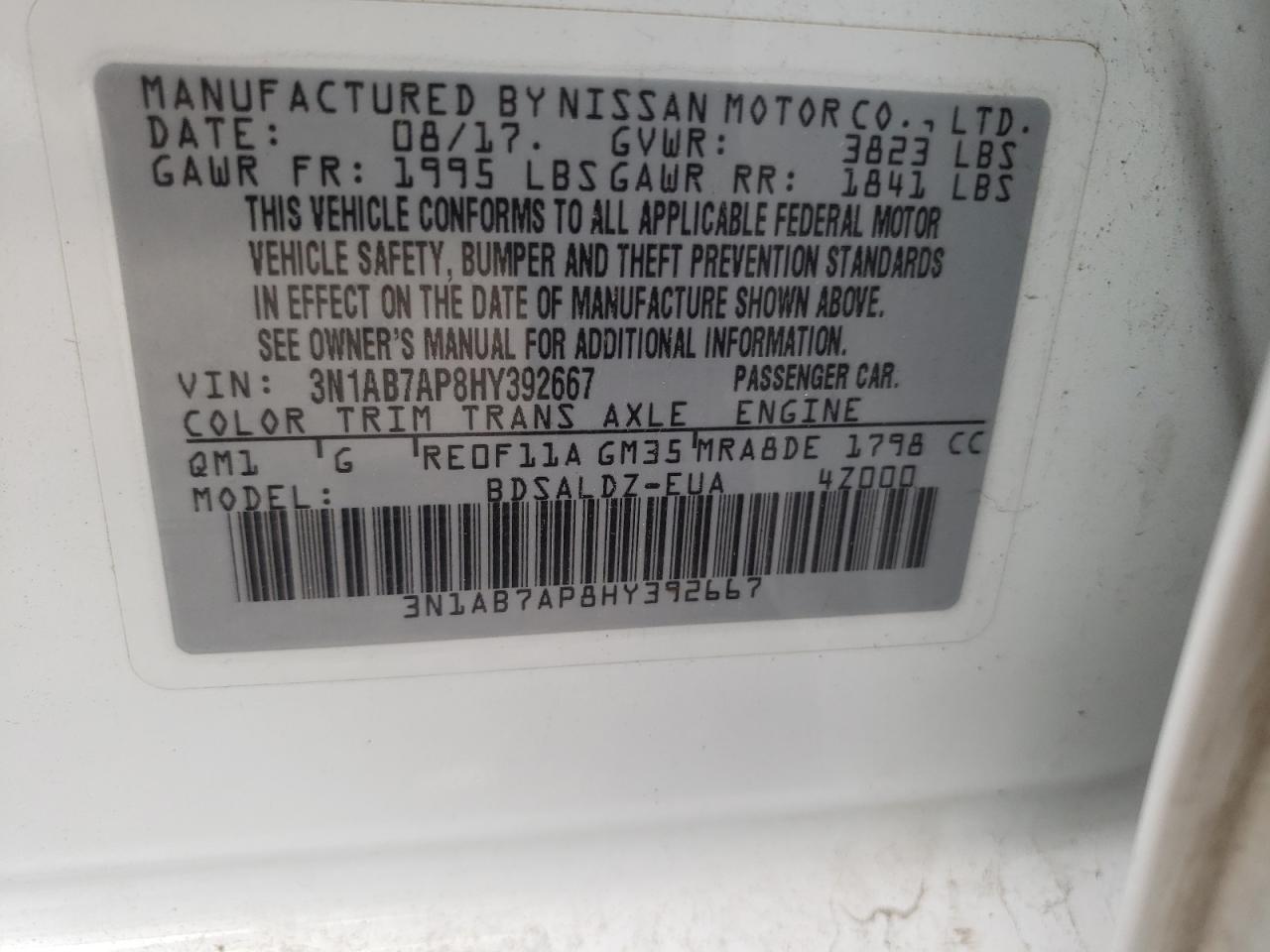 2017 Nissan Sentra S VIN: 3N1AB7AP8HY392667 Lot: 59700704