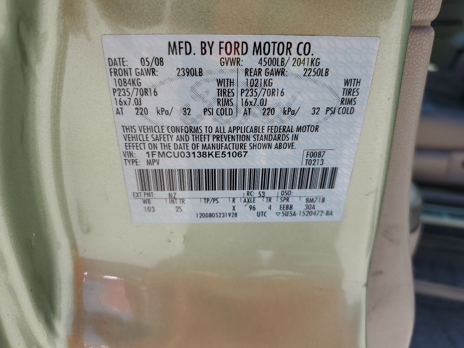 1FMCU03138KE51067 2008 Ford Escape Xlt