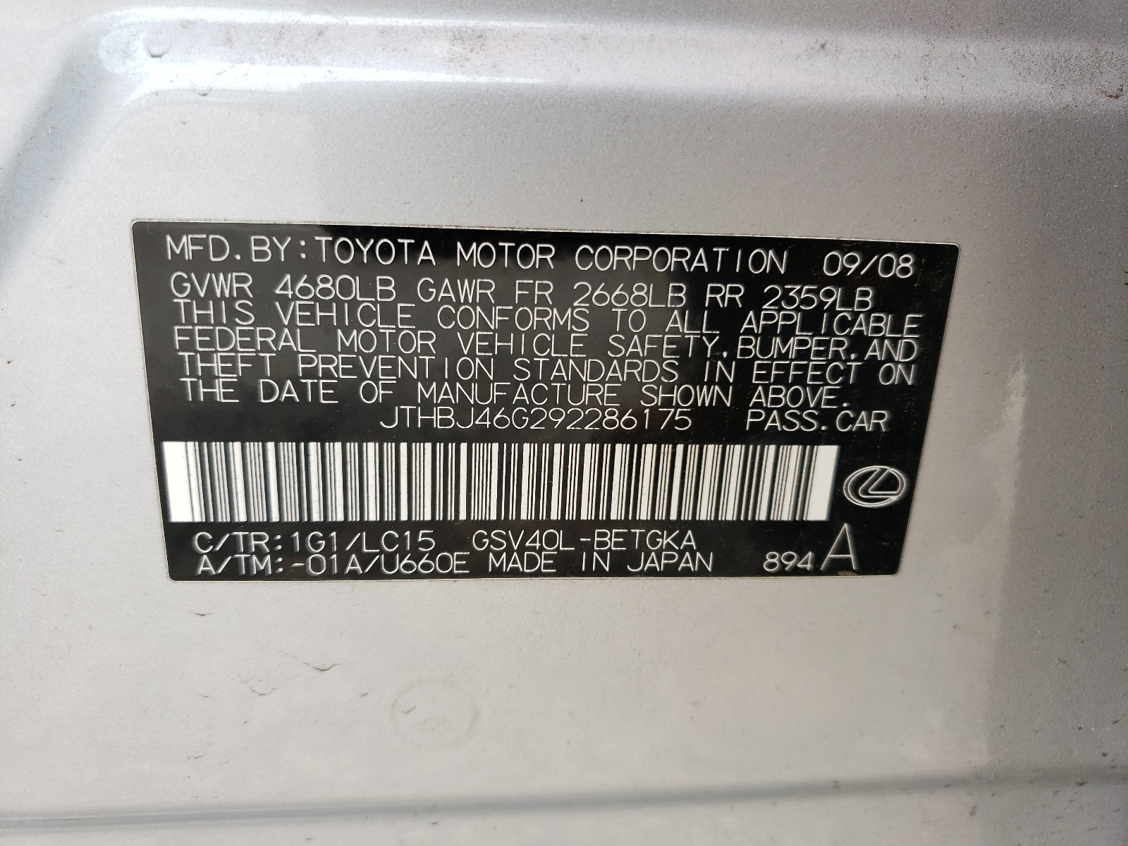 JTHBJ46G292286175 2009 Lexus Es 350