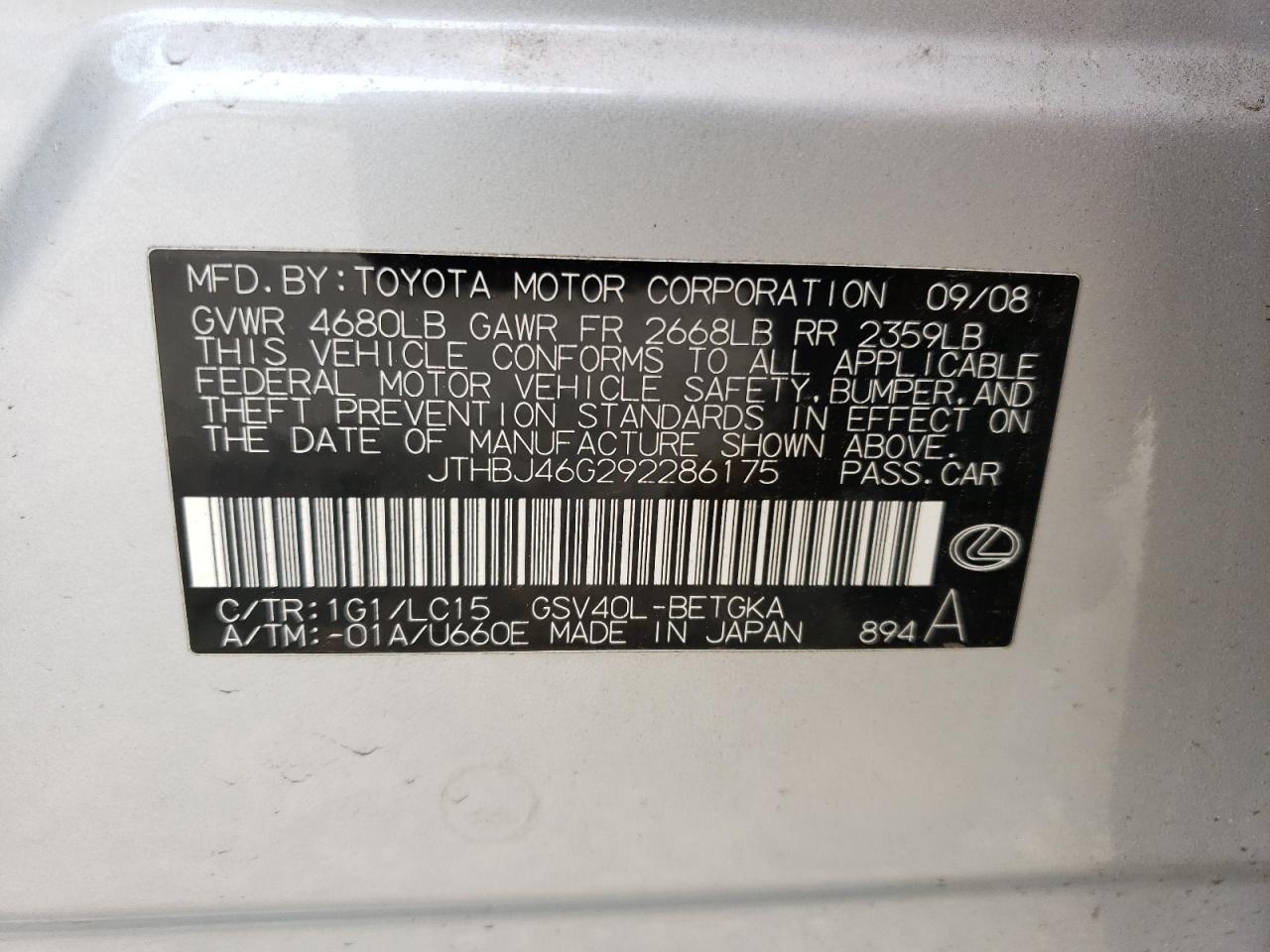 2009 Lexus Es 350 VIN: JTHBJ46G292286175 Lot: 60645064