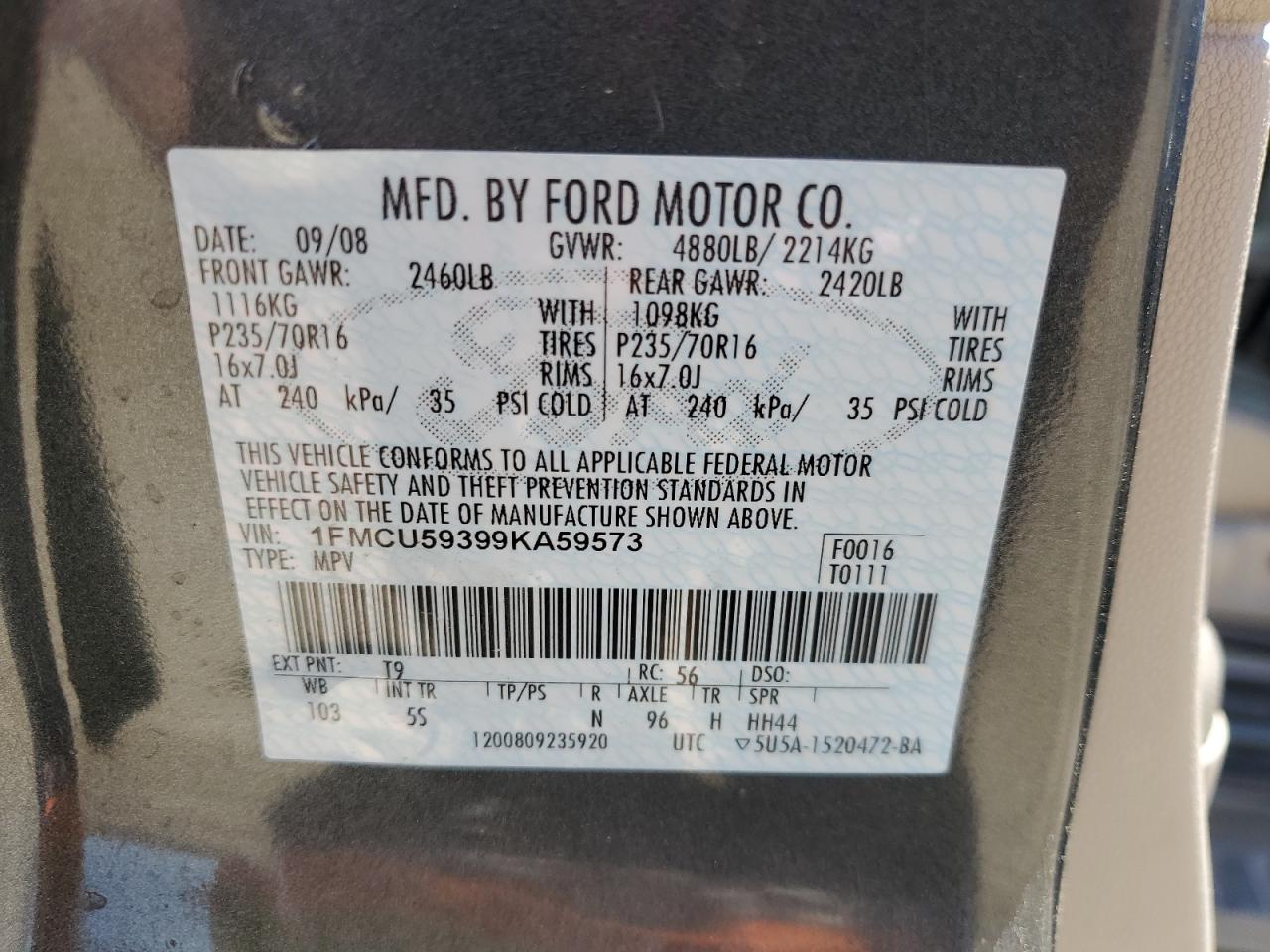 2009 Ford Escape Hybrid VIN: 1FMCU59399KA59573 Lot: 58367524