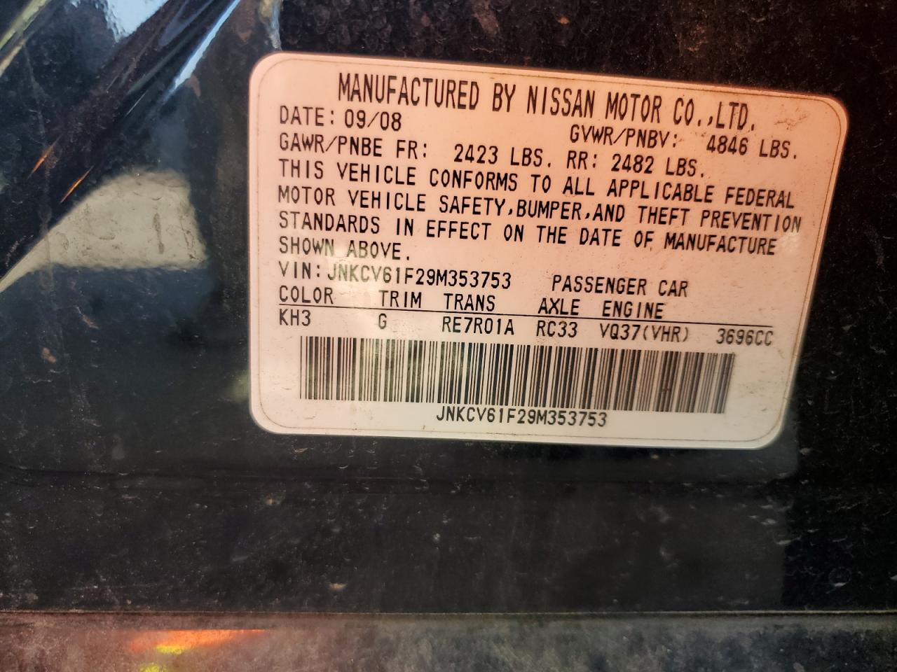 2009 Infiniti G37 VIN: JNKCV61F29M353753 Lot: 58758154