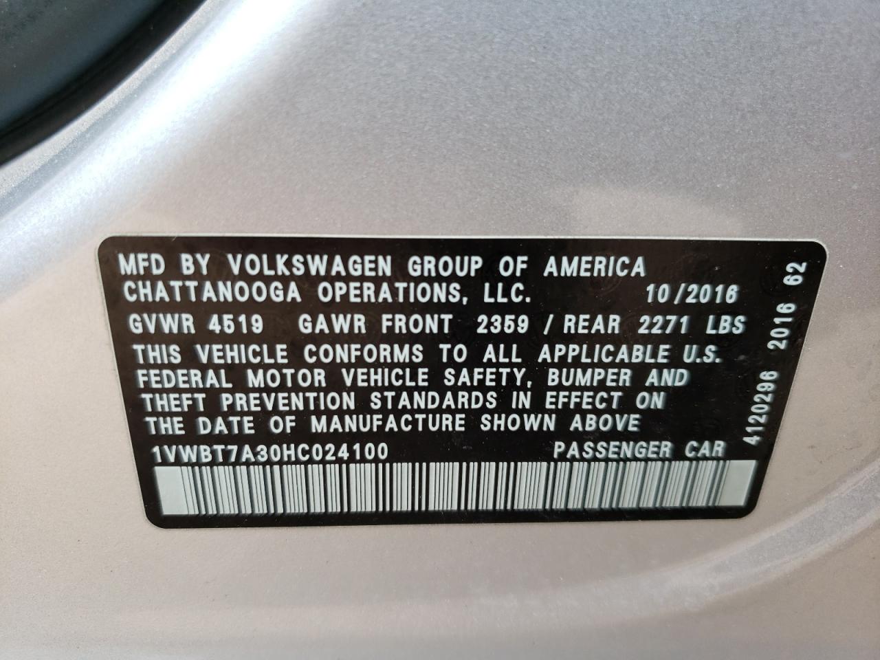 2017 Volkswagen Passat Se VIN: 1VWBT7A30HC024100 Lot: 57415684