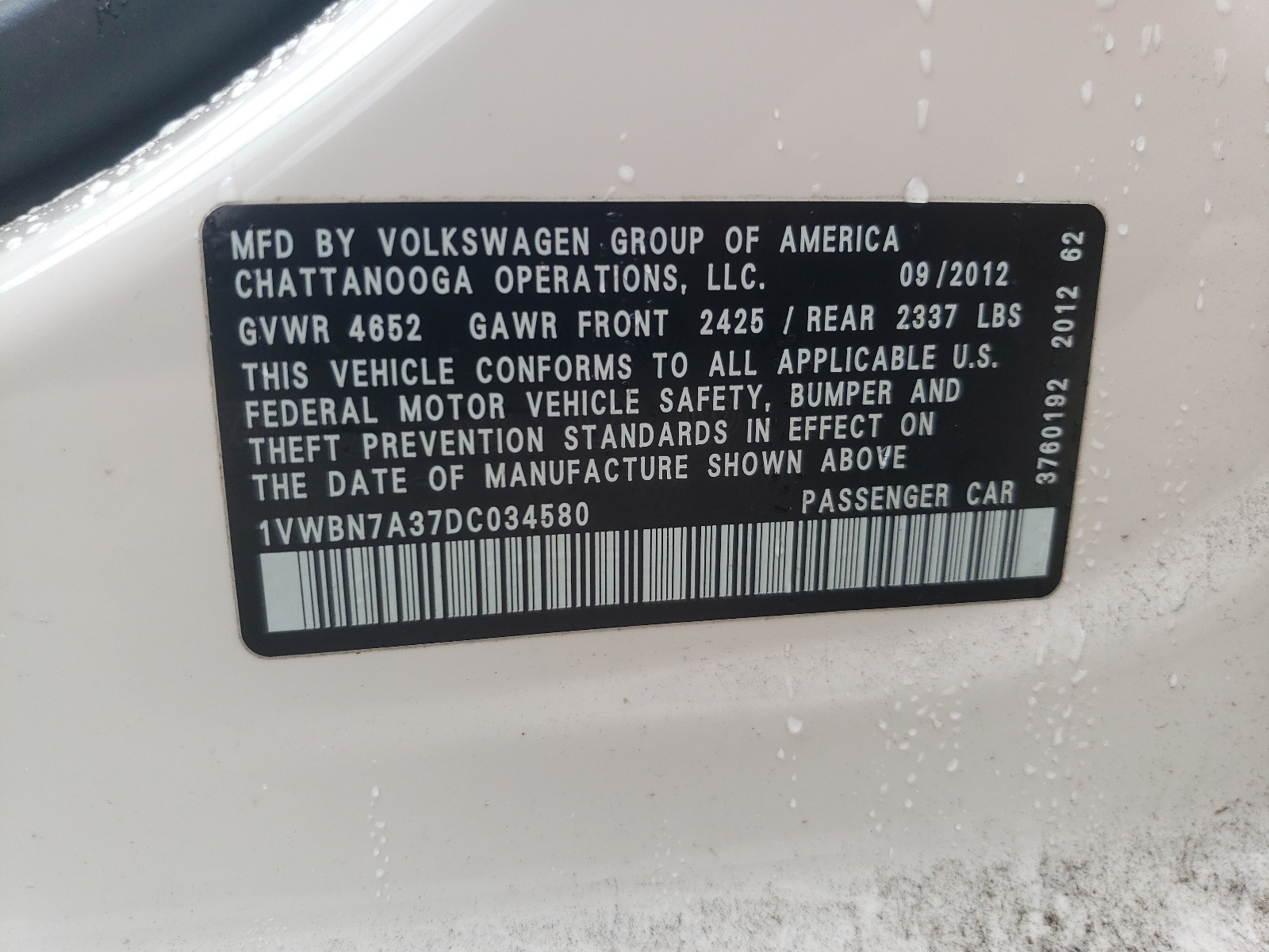 1VWBN7A37DC034580 2013 Volkswagen Passat Se