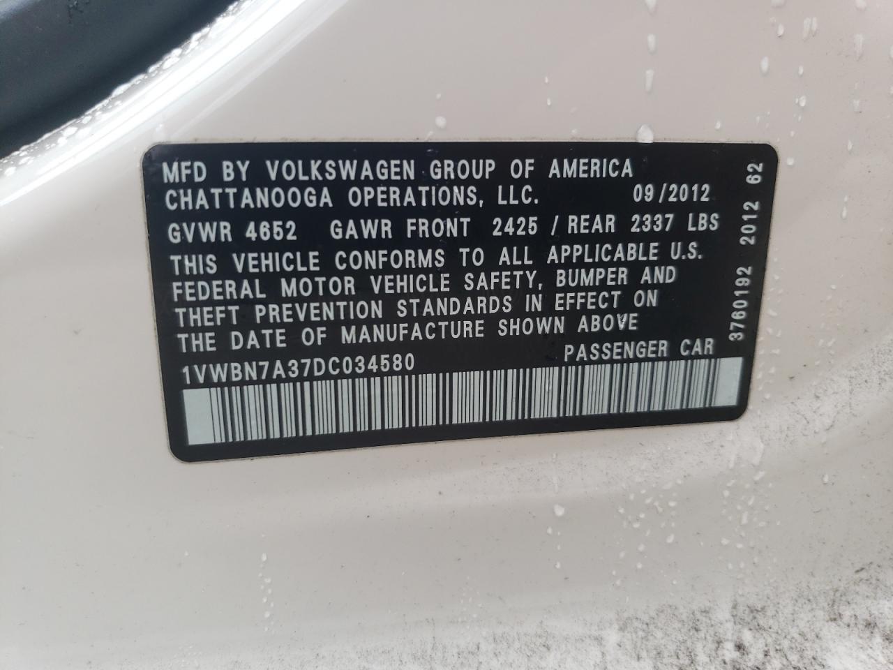 2013 Volkswagen Passat Se VIN: 1VWBN7A37DC034580 Lot: 60683224